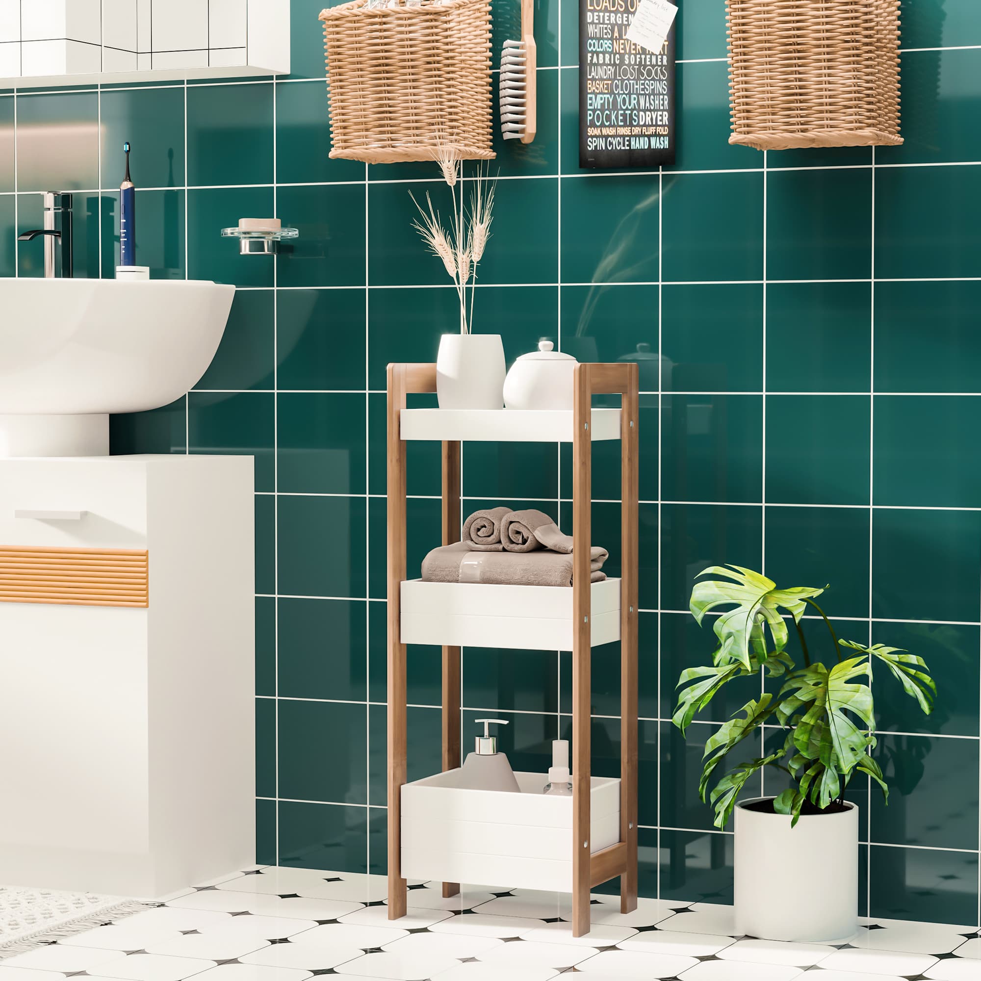 Slim Bamboo Bathroom Rack with Three White Storage Tiers - image 8