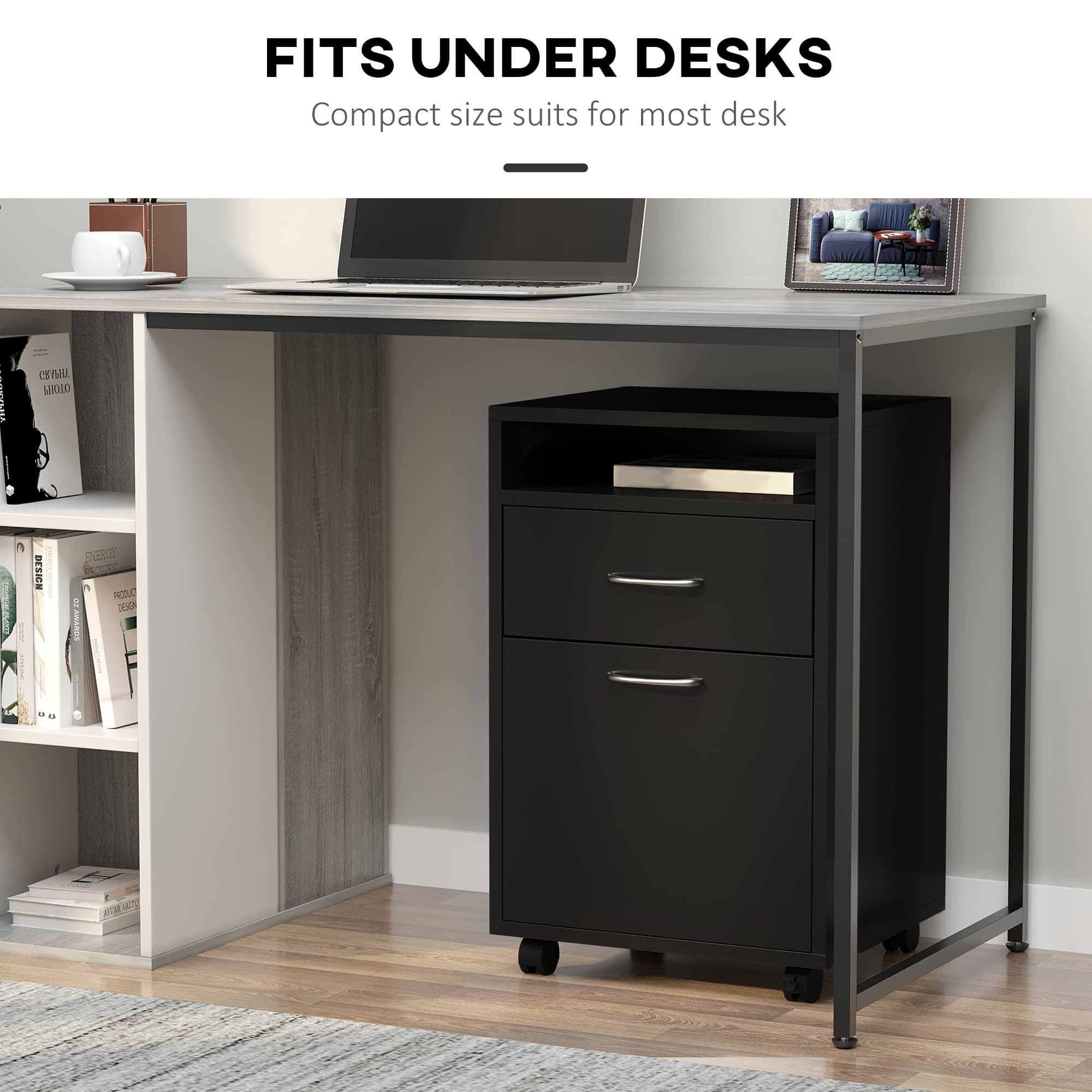 Black Mobile Office Cabinet with Drawers and Open Shelf - image 7