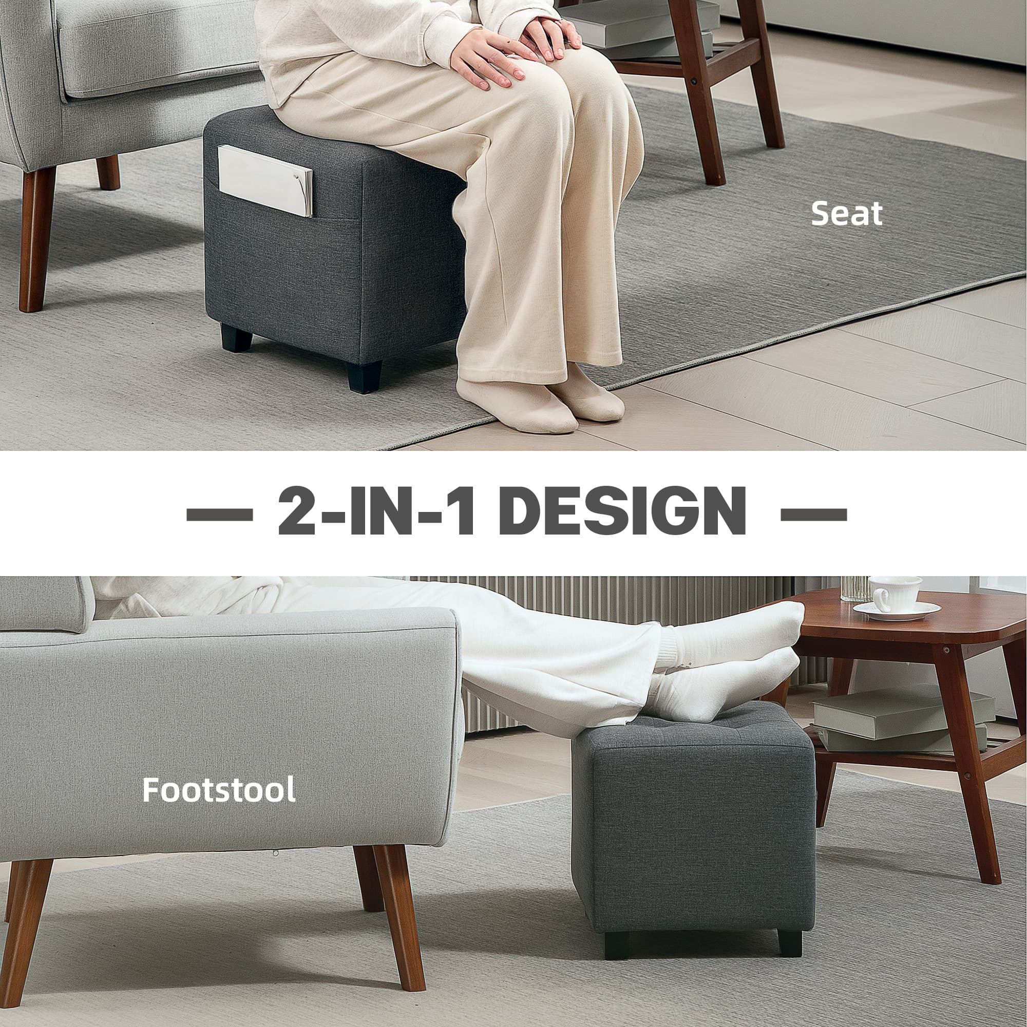 Compact Grey Tufted Ottoman with Wooden Legs - image 6