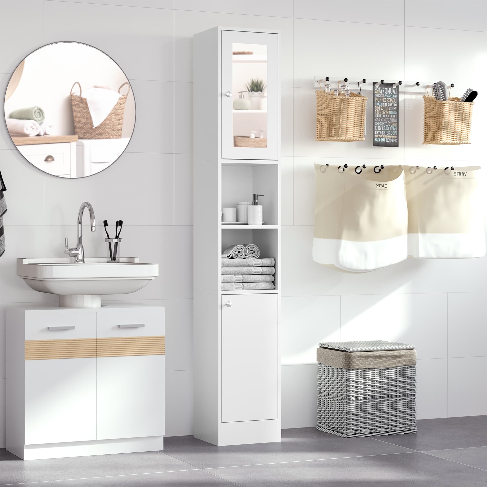 White Tall Bathroom Cabinet with Mirror Door - image 5