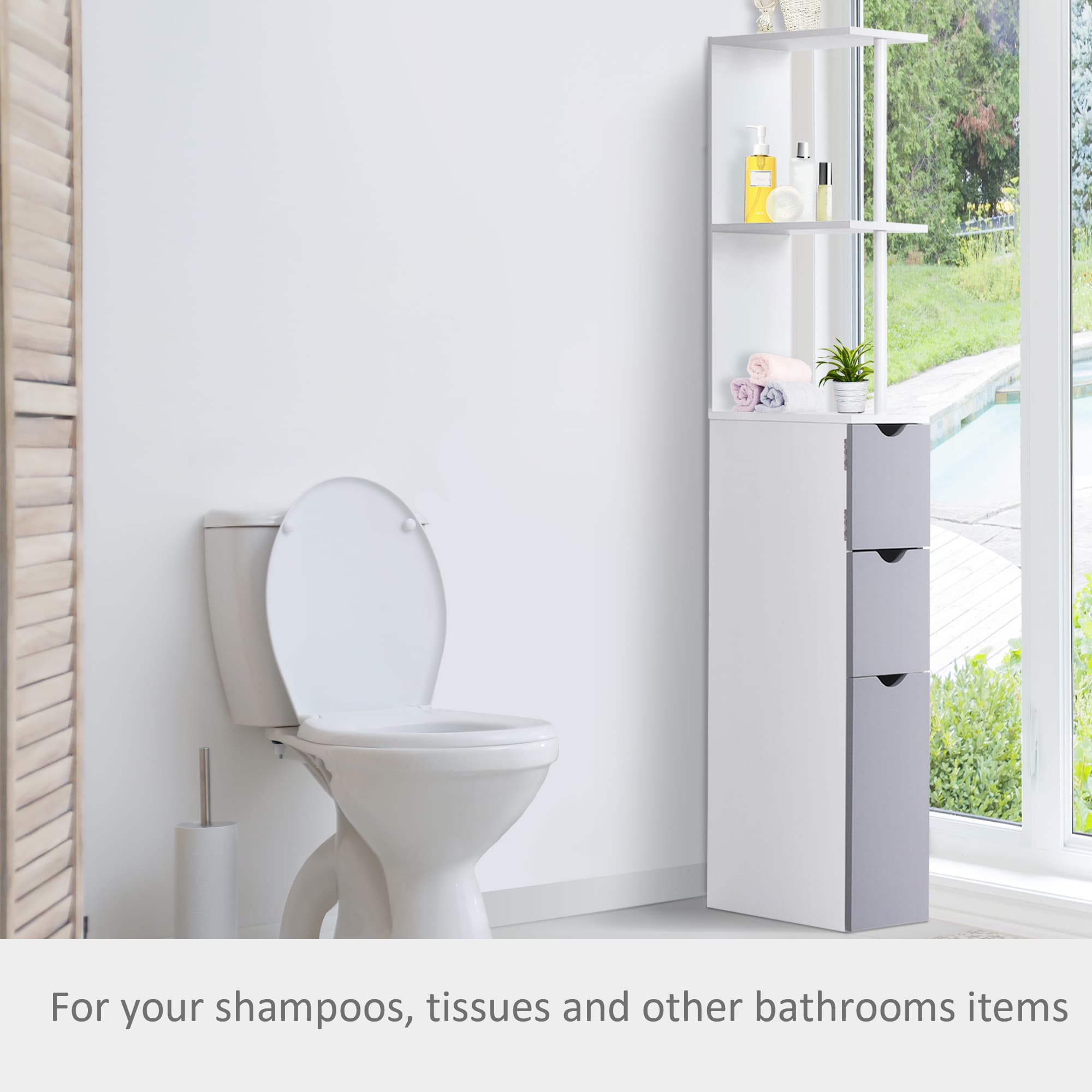 Narrow Bathroom Storage Tower with Open Shelves and Drawers - image 8
