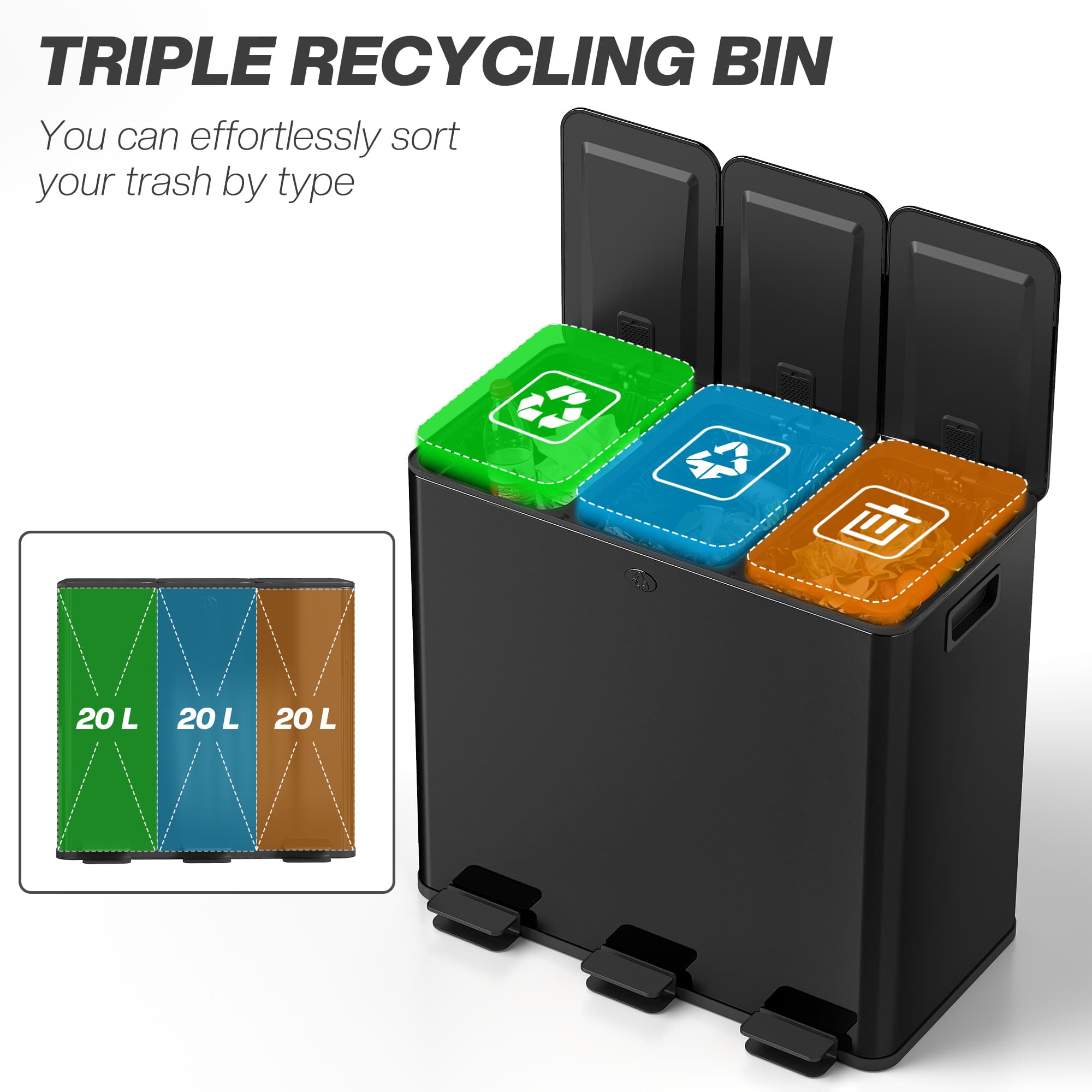 Effortless Kitchen Sorting: 60L Black Triple Recycling Bin - image 2