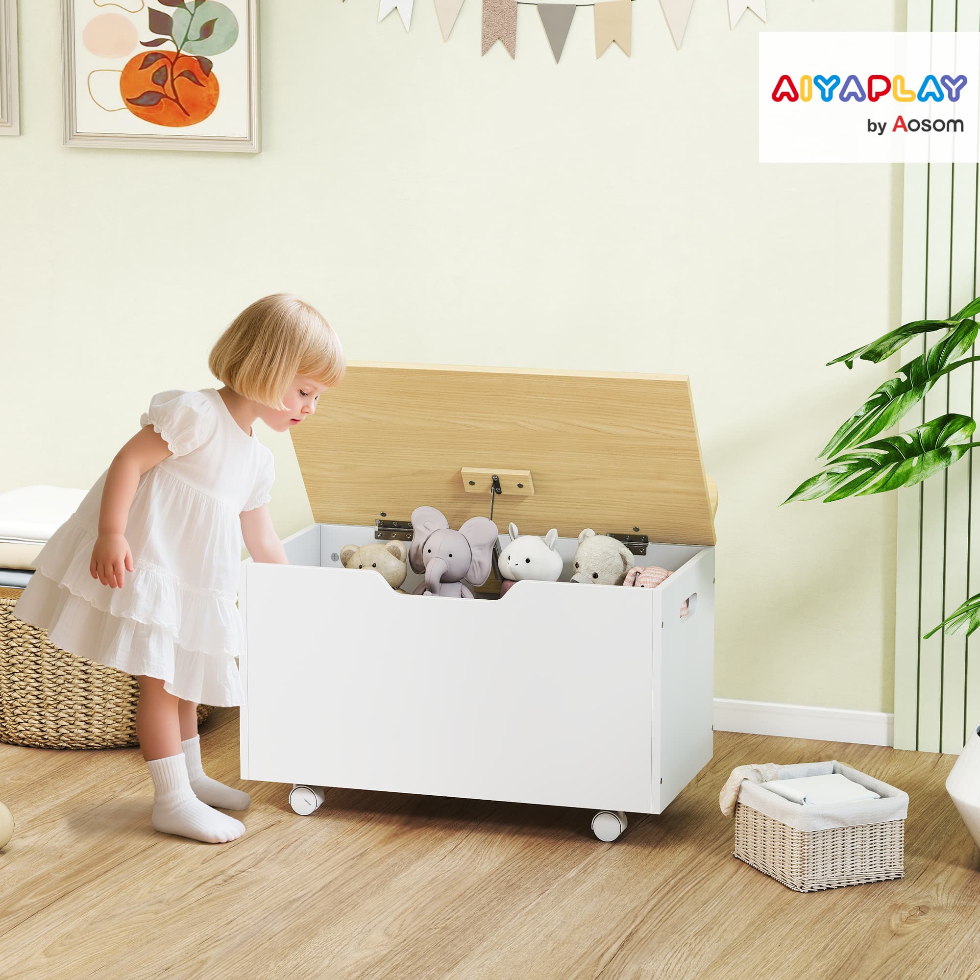 White Rolling Toy Box with Gentle-Close Safety Hinge - image 6