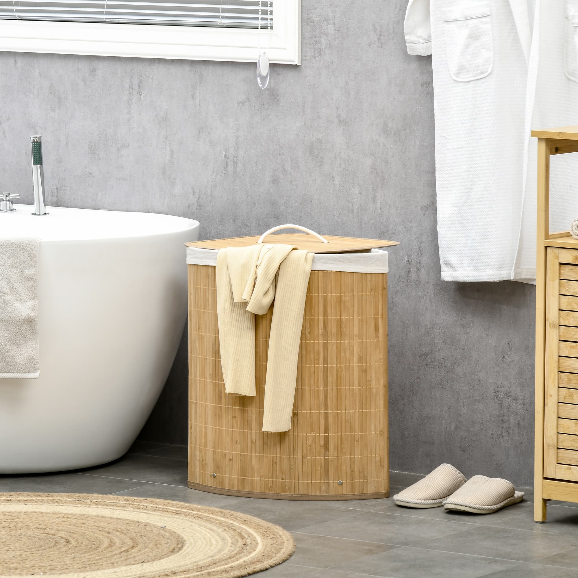 55-Litre Bamboo Corner Laundry Hamper with Lid and Fabric Lining - image 9