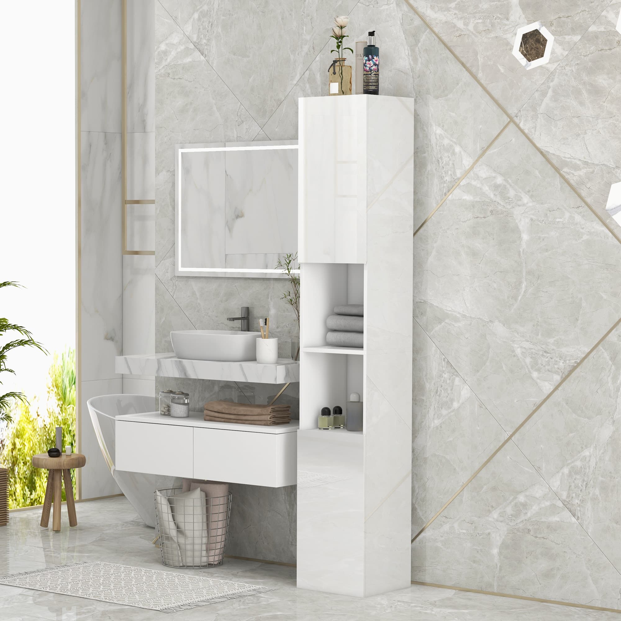 Tall High Gloss White Bathroom Cabinet for Smart Storage - image 1