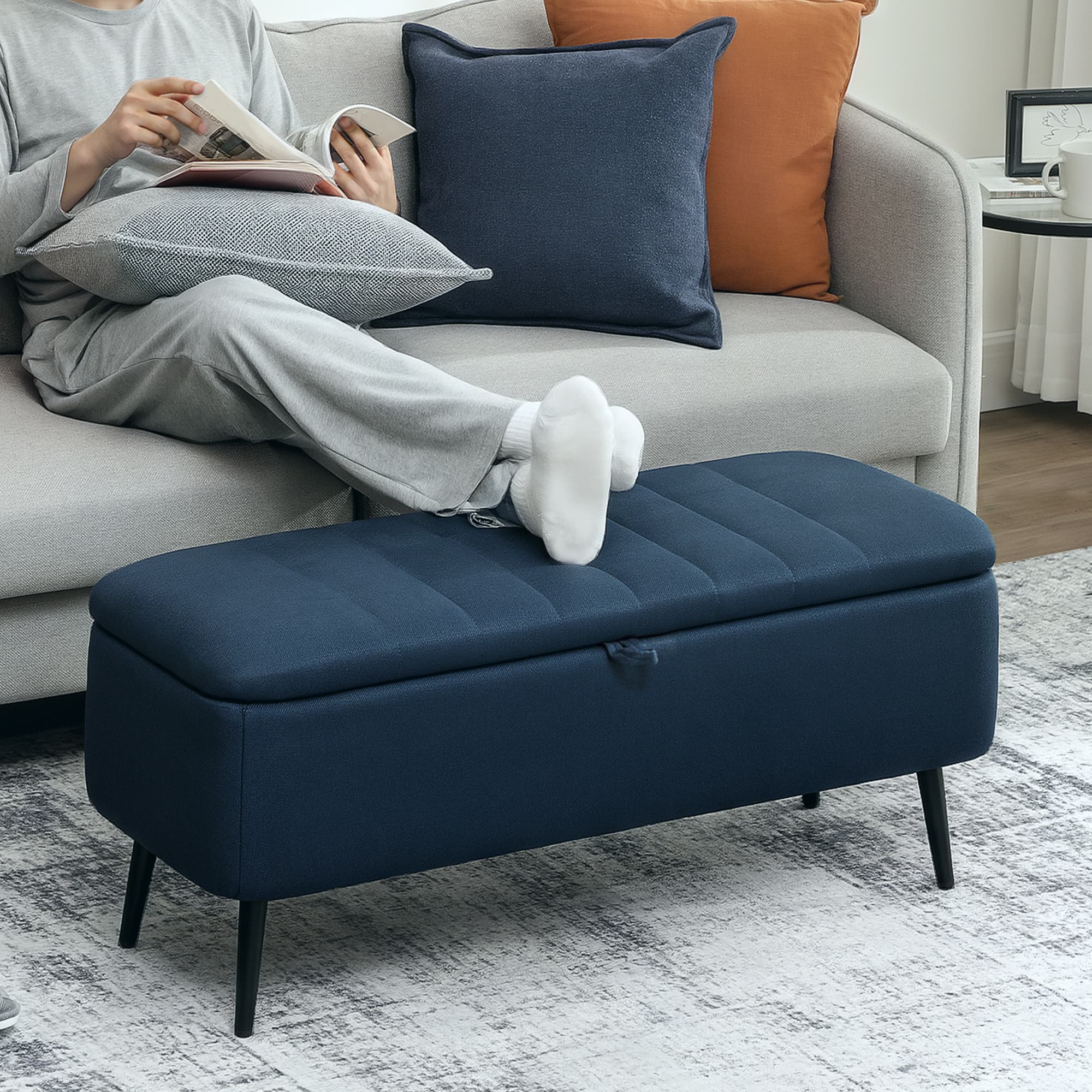 Effortless Storage: Dark Blue Linen-Look Ottoman Bench - image 1