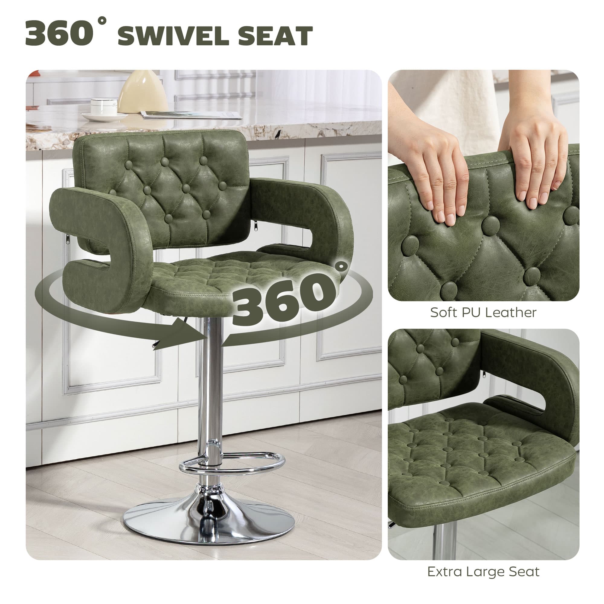 Premium Green Tufted Swivel Bar Stool with Armrests - image 3