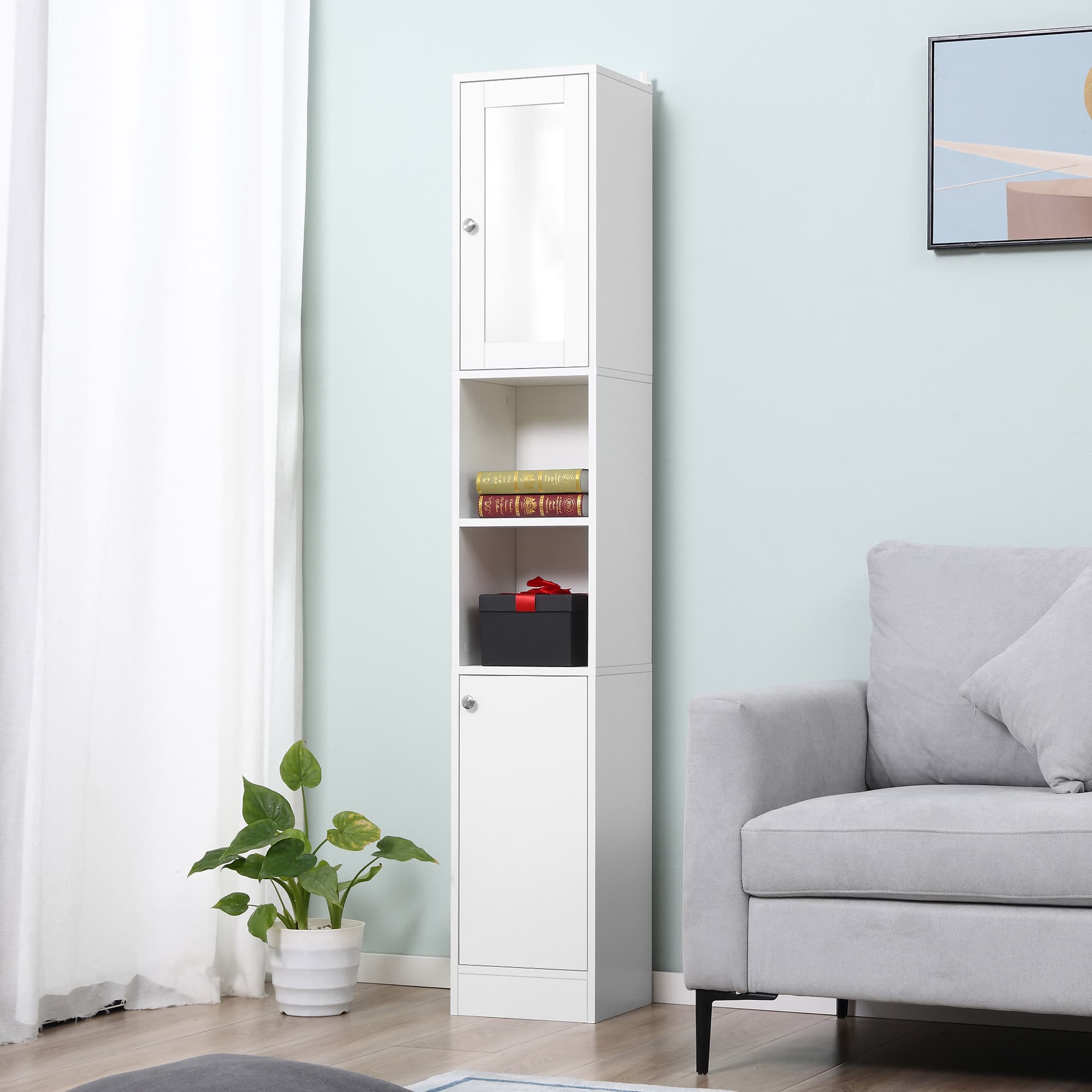 White Tall Bathroom Cabinet with Mirror Door - image 3