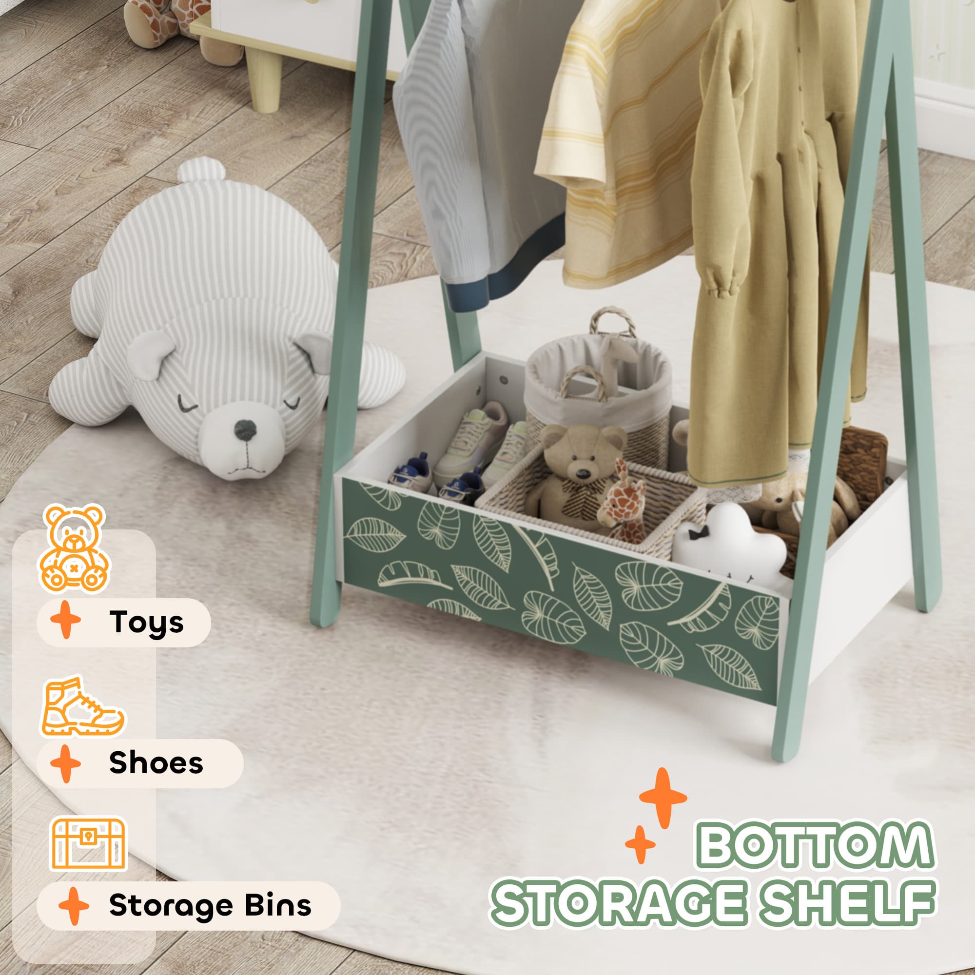 A children's clothing rack with leaf print storage box and hangers - image 10