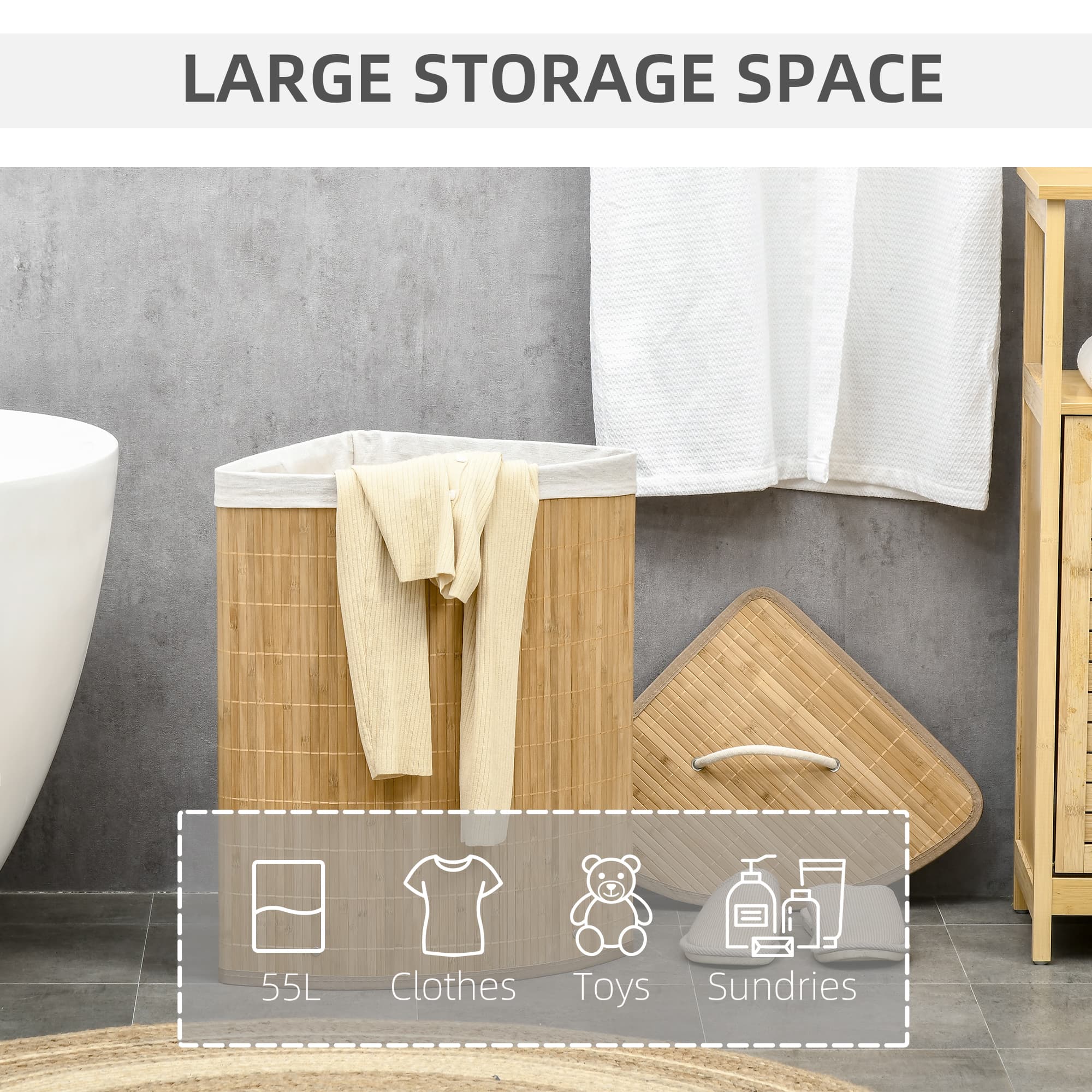 55-Litre Bamboo Corner Laundry Hamper with Lid and Fabric Lining - image 10