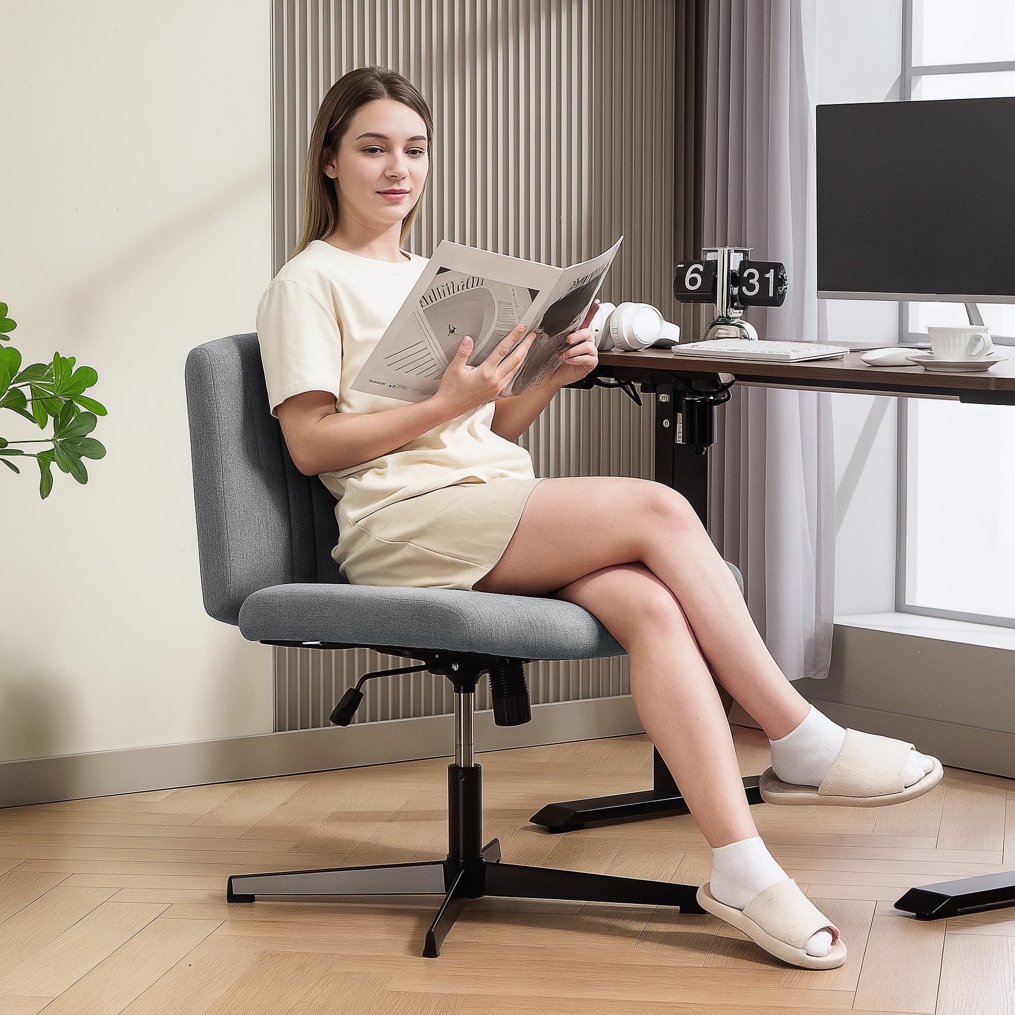 Armless Office Chair with Wide Seat and No Wheels, Grey - image 10