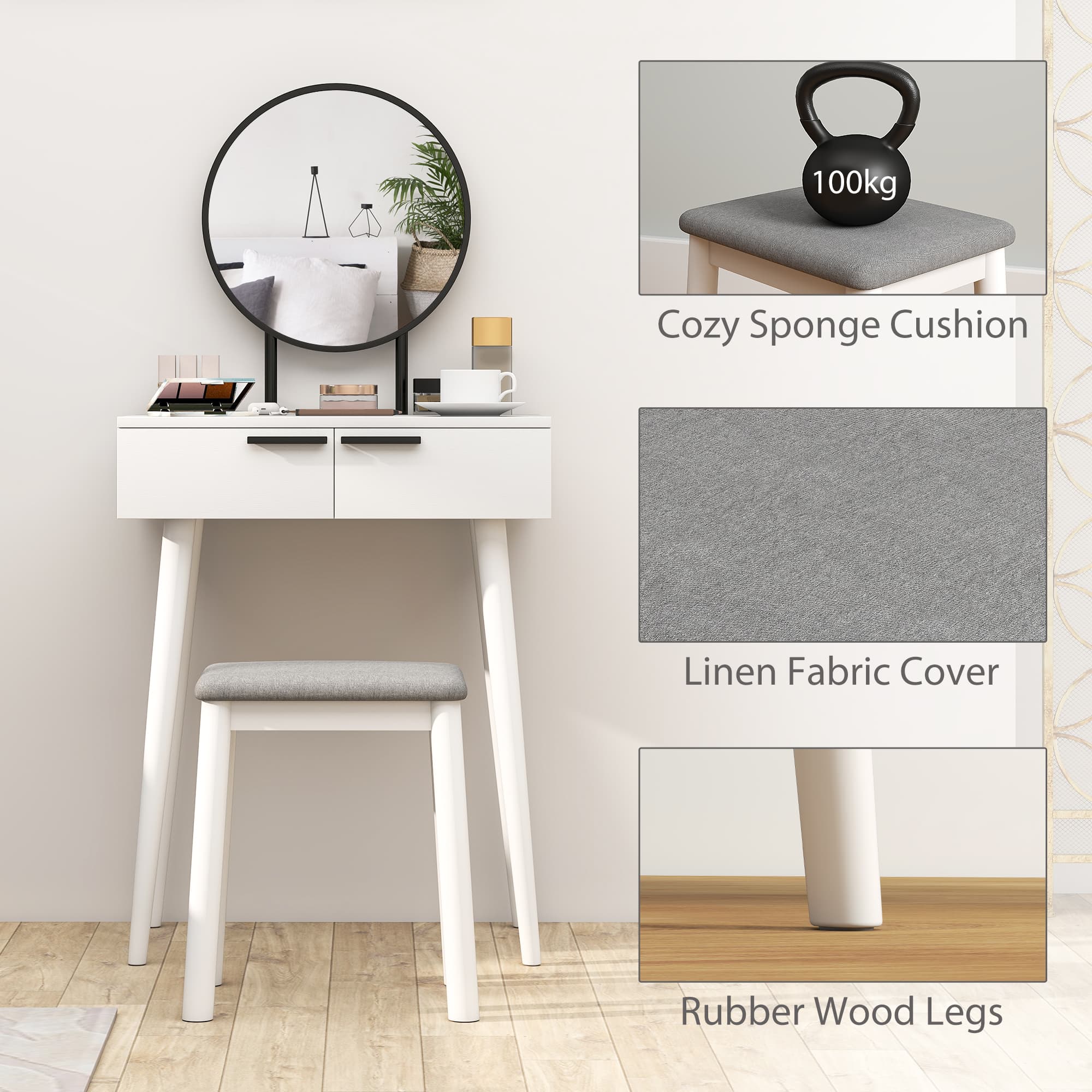 Dressing Table Set with Oval Mirror, Two Drawers and Stool - image 6