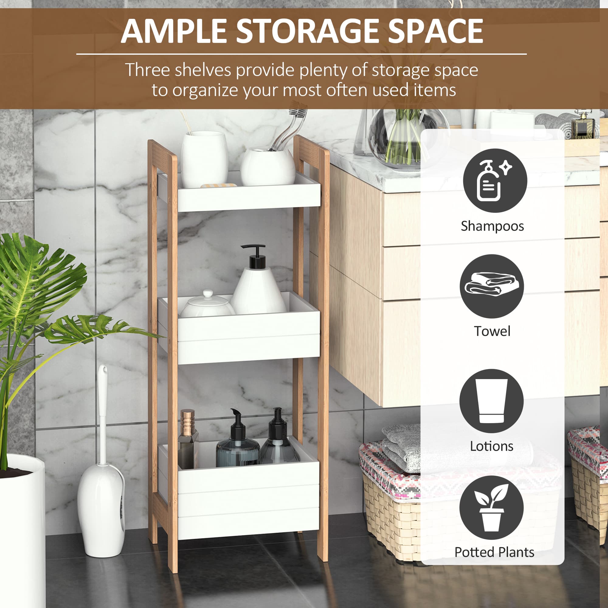 Slim Bamboo Bathroom Rack with Three White Storage Tiers - image 9