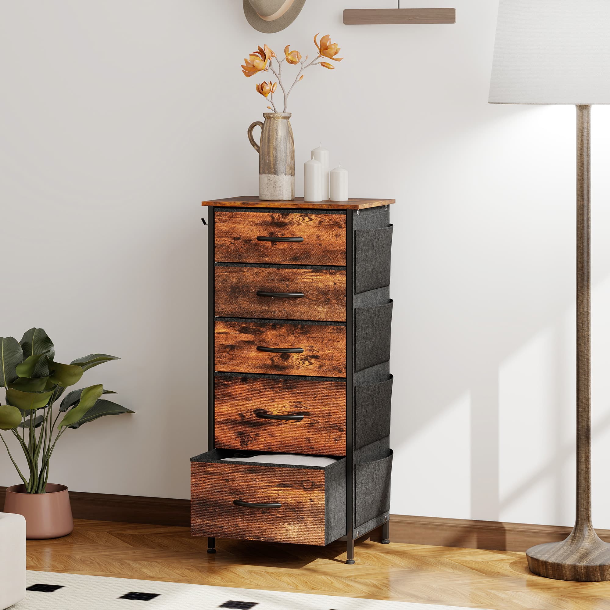 Fabric Chest of 5 Drawers in Rustic Brown — Bedroom Clothes Storage - image 9