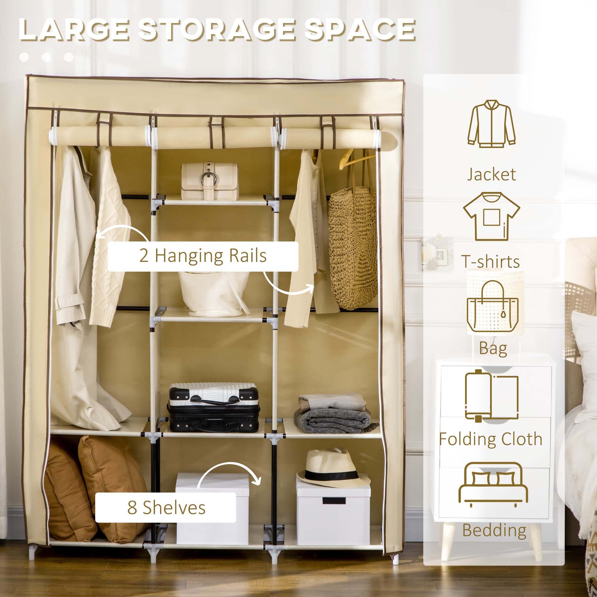 Beige Fabric Wardrobe for Hanging and Folded Storage - image 8