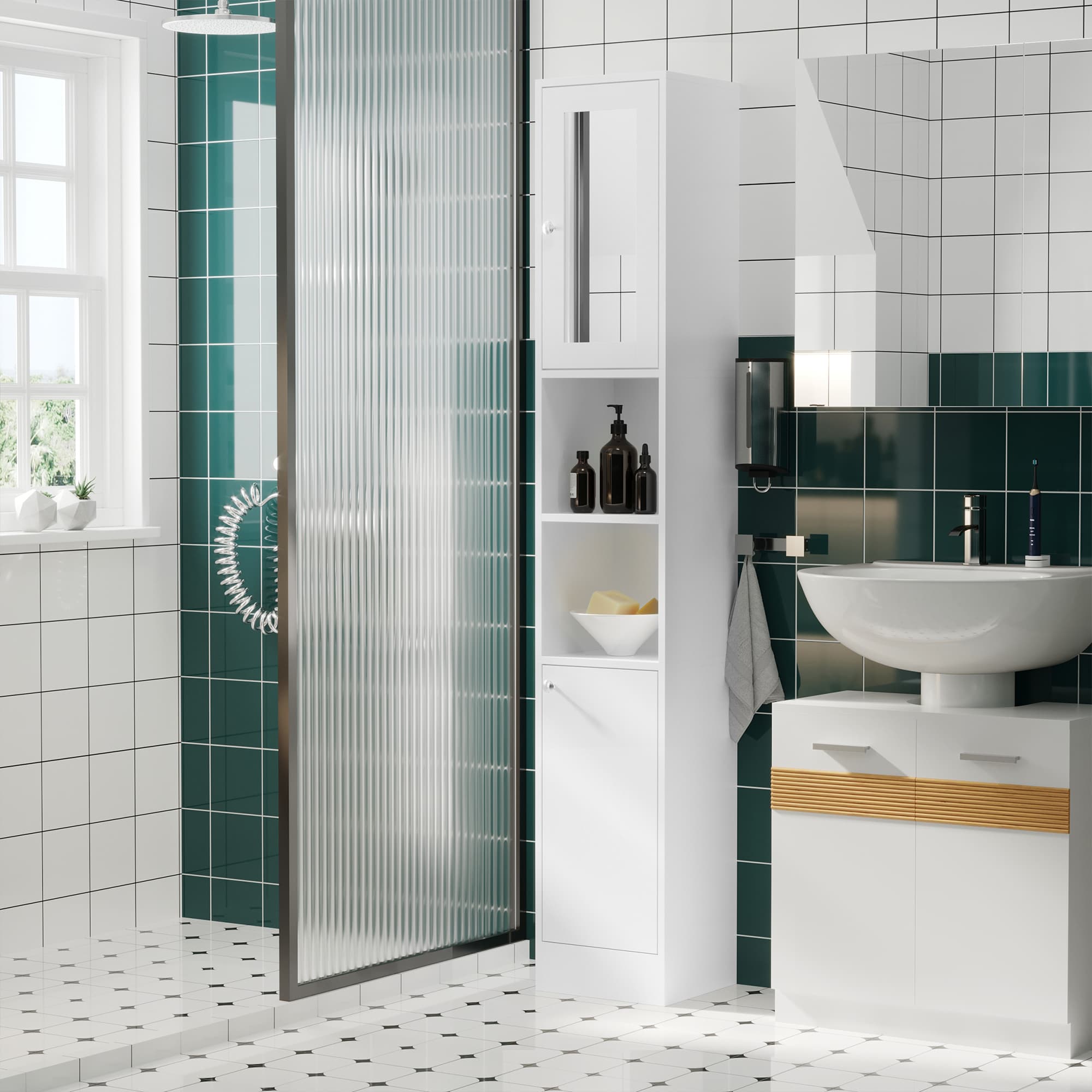 White Tall Bathroom Cabinet with Mirror Door - image 4
