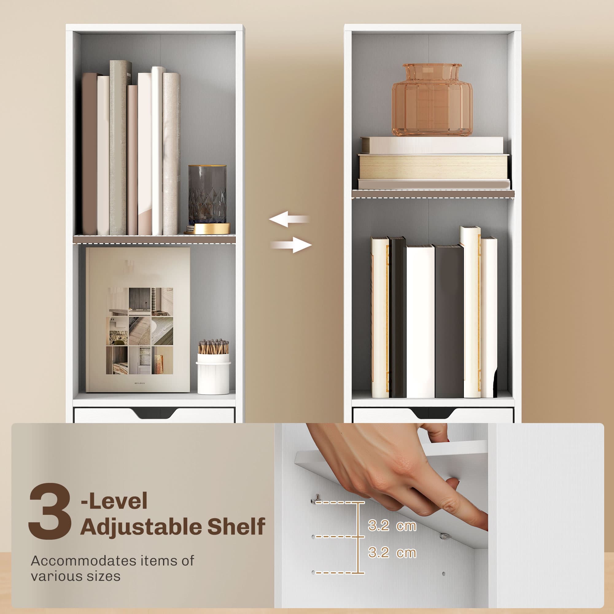 Slim White Bookcase with Shelves, Drawer and Cupboard - image 10