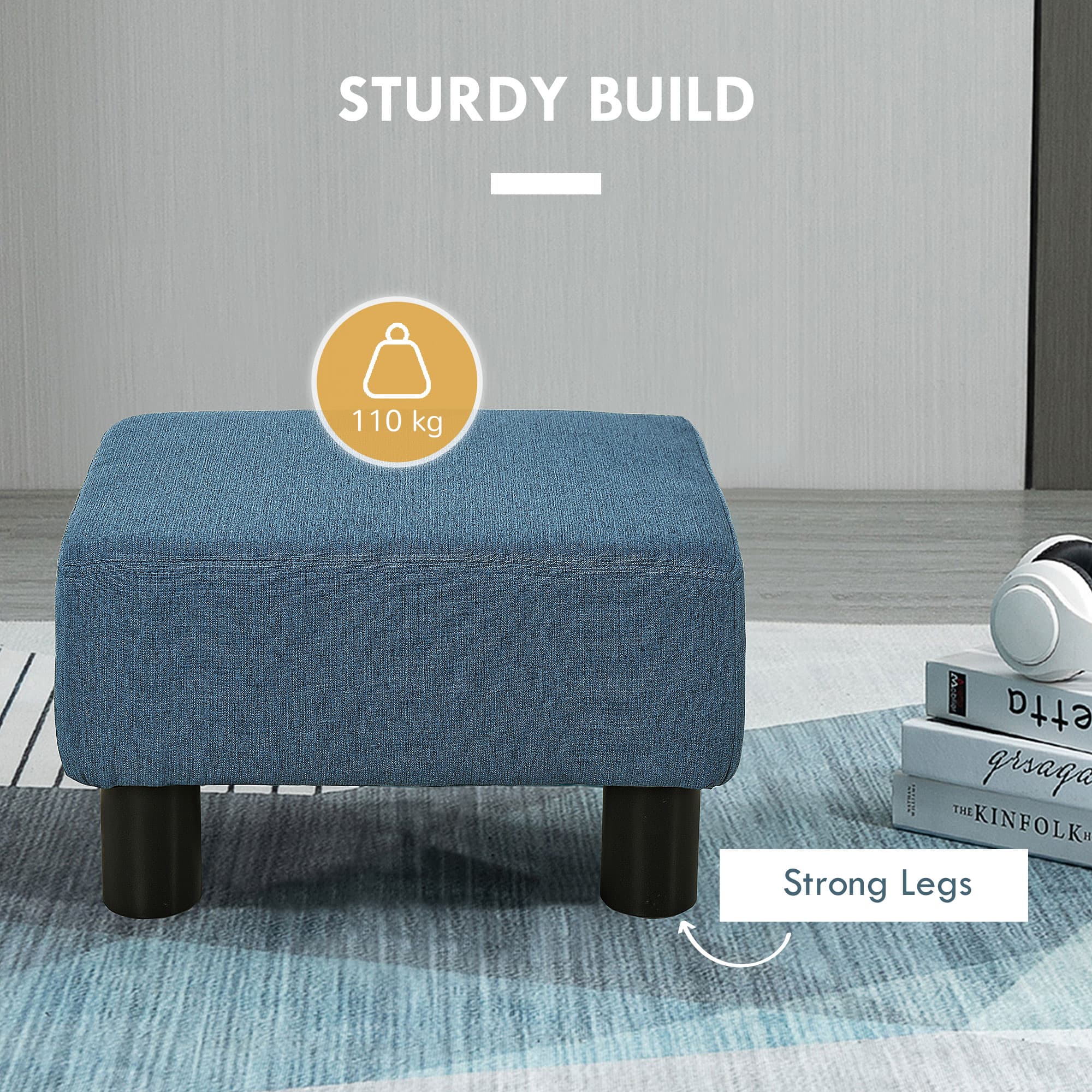 A compact blue footstool with linen upholstery and foam padding - image 4