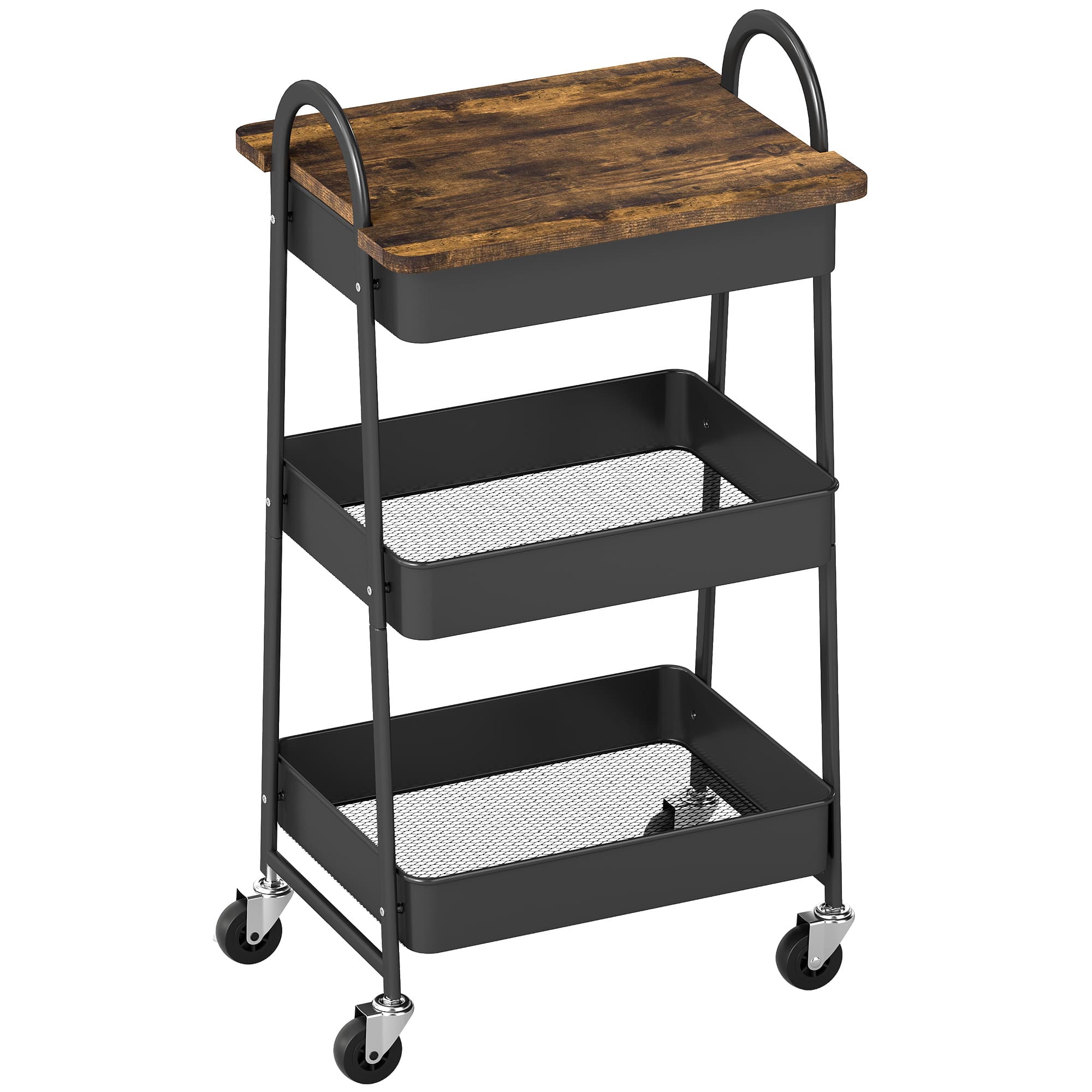 3-Tier Rustic Brown and Black Kitchen Storage Trolley - image 6