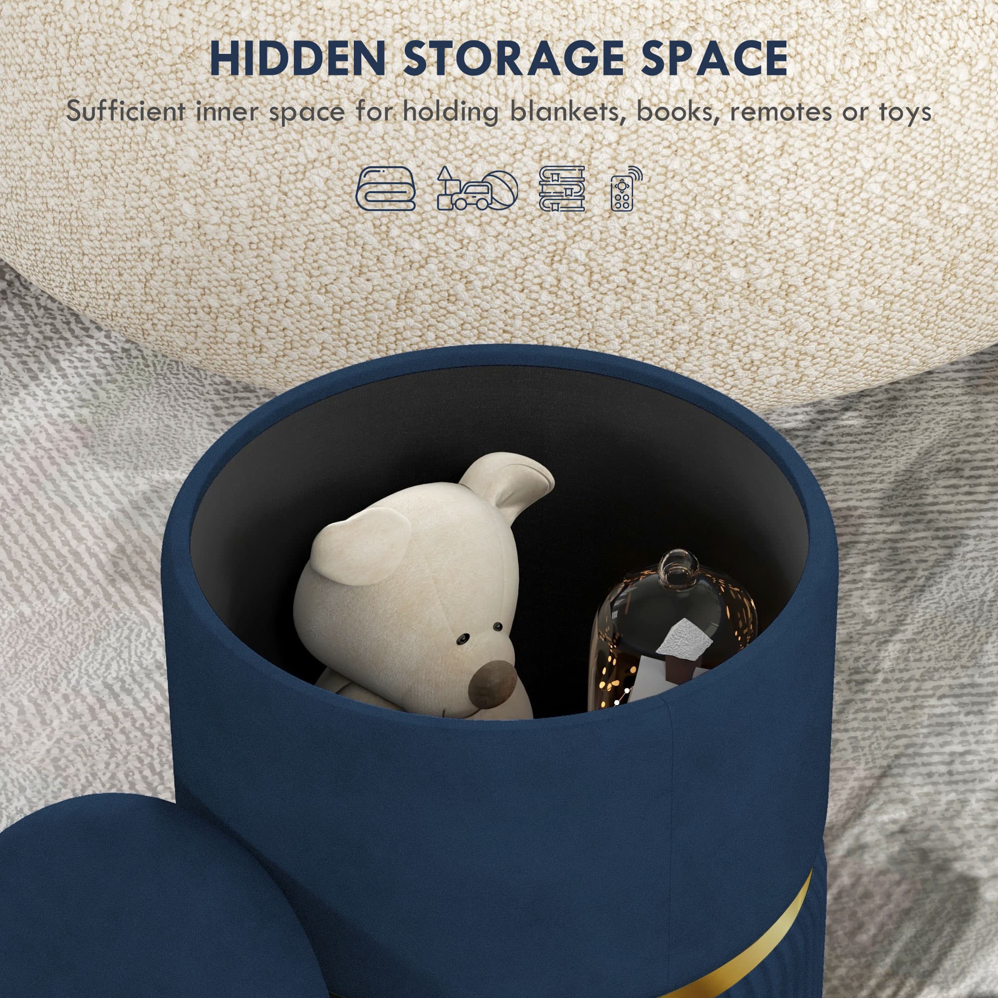 Elegant Dark Blue Velvet-Feel Storage Ottoman - image 2