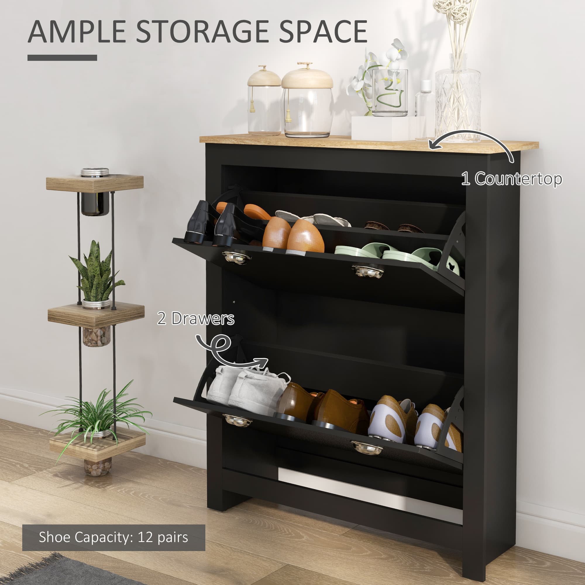 Slim Black Shoe Cabinet with Tipping Doors and Oak-Effect Top - image 2
