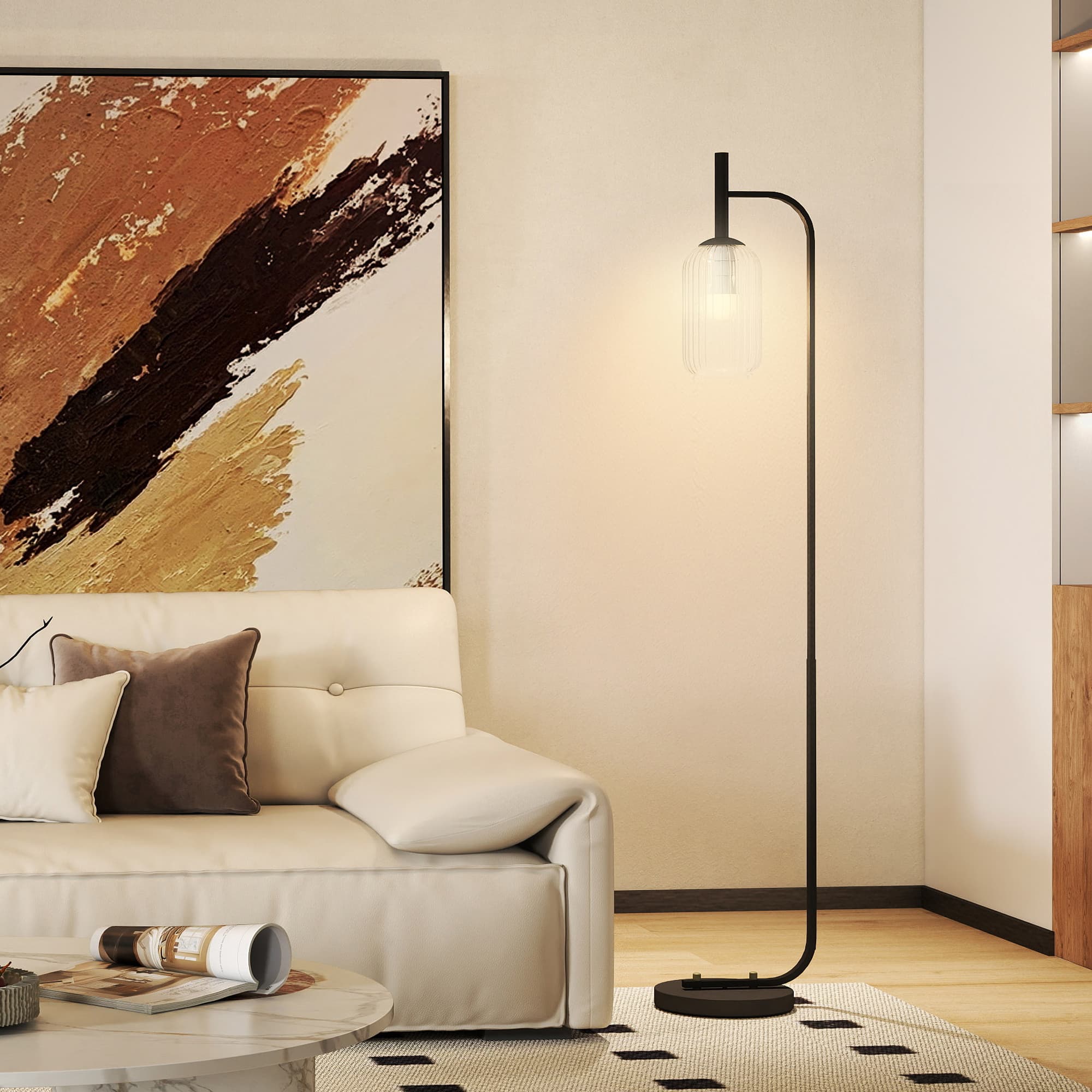 Black Floor Lamp With Cylindrical Ribbed Glass Shade - image 2