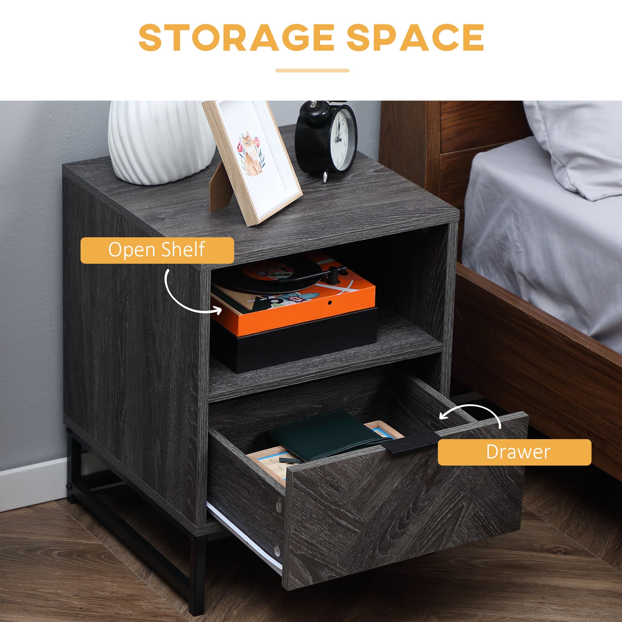 Dark Grey Bedside Tables with Open Shelf and Chevron Drawer - image 2