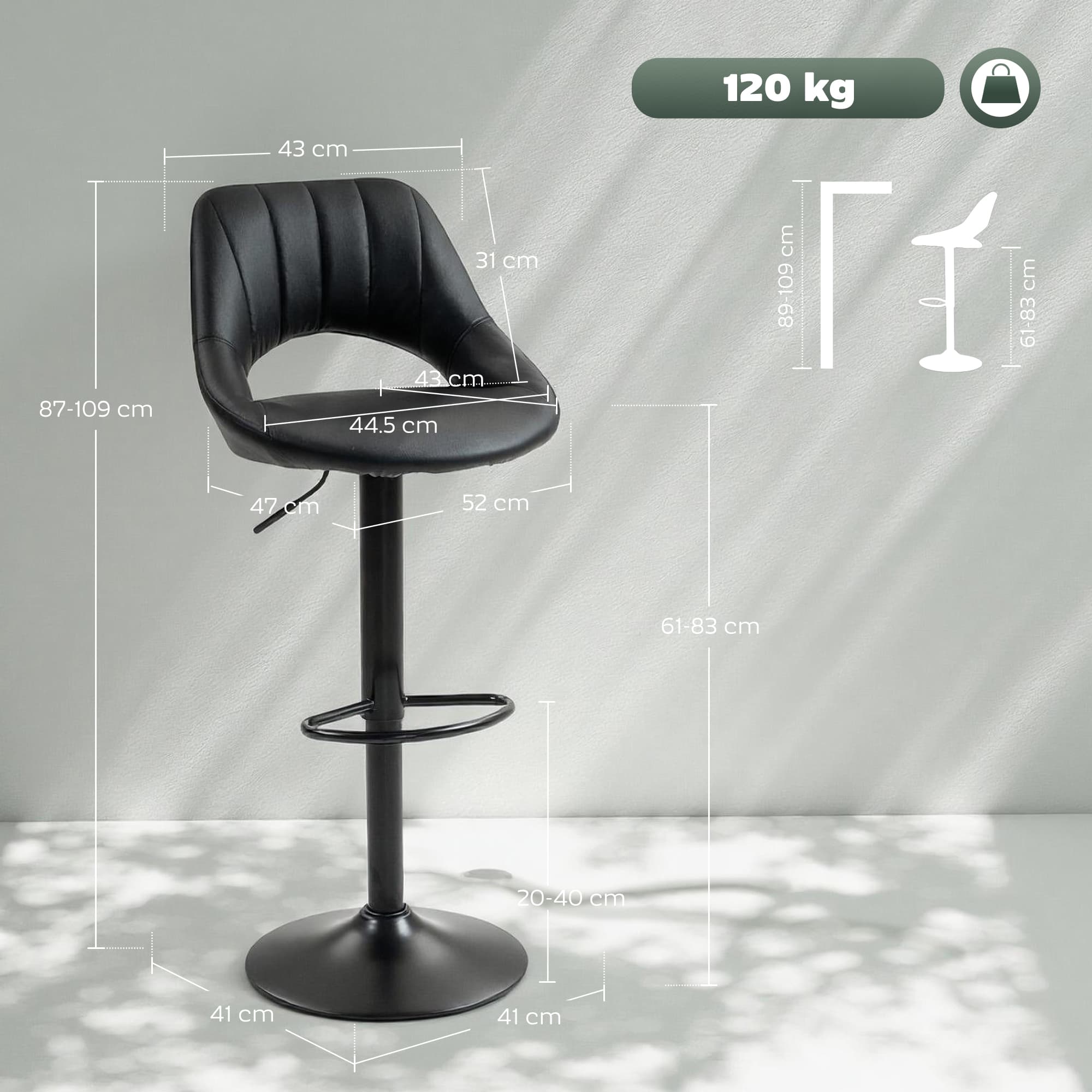 Set of Two Adjustable Black Faux Leather Swivel Bar Stools - image 3