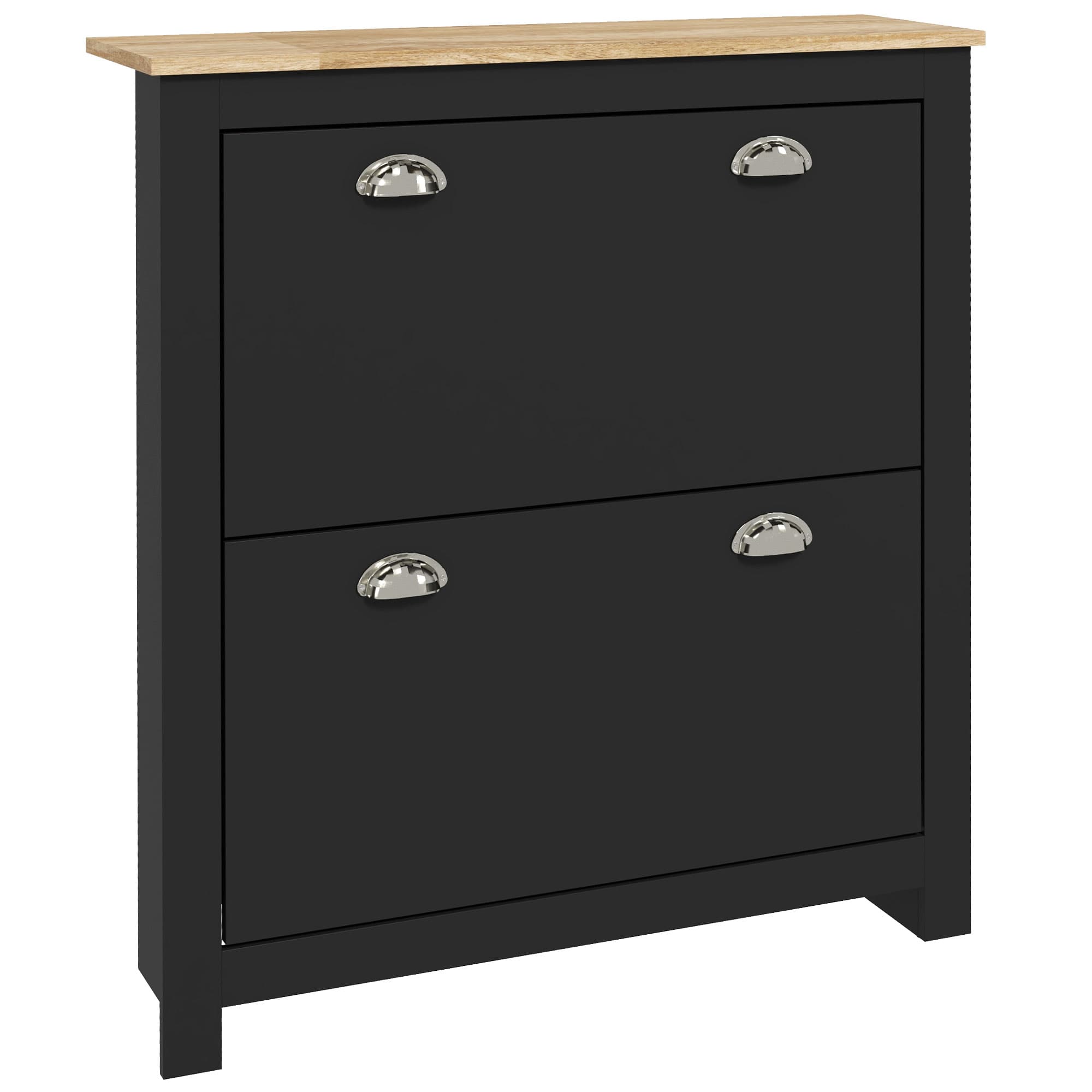 Slim Black Shoe Cabinet with Tipping Doors and Oak-Effect Top - Black