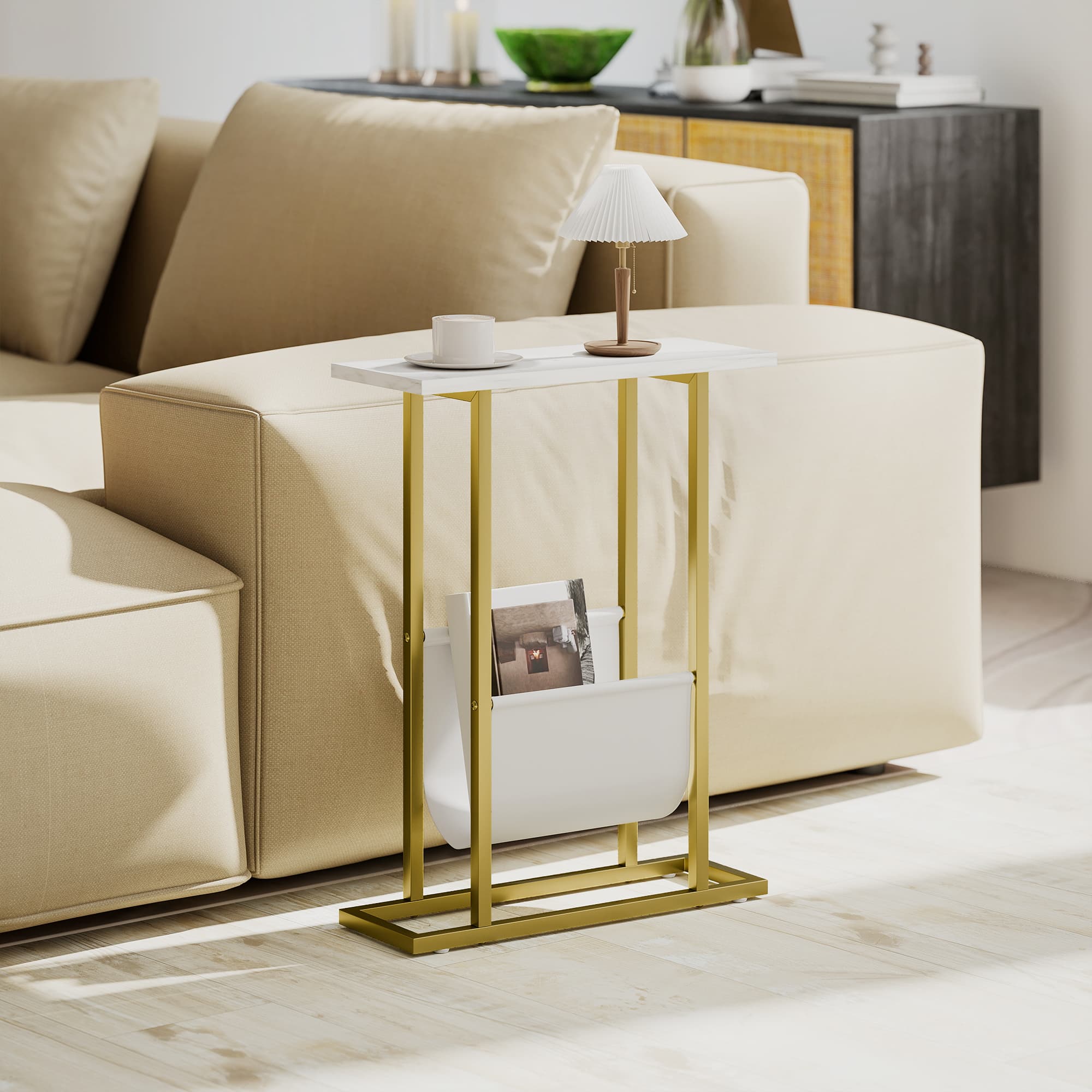 Slim Side Table with Marble Top, Gold Frame and Magazine Holder - image 8