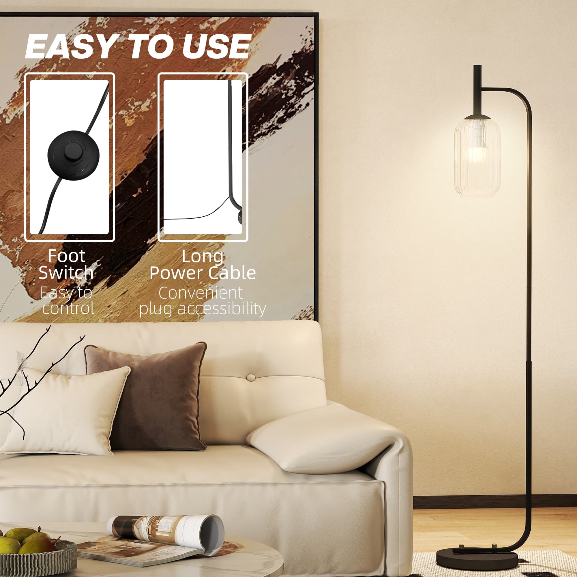 Black Floor Lamp With Cylindrical Ribbed Glass Shade - image 4