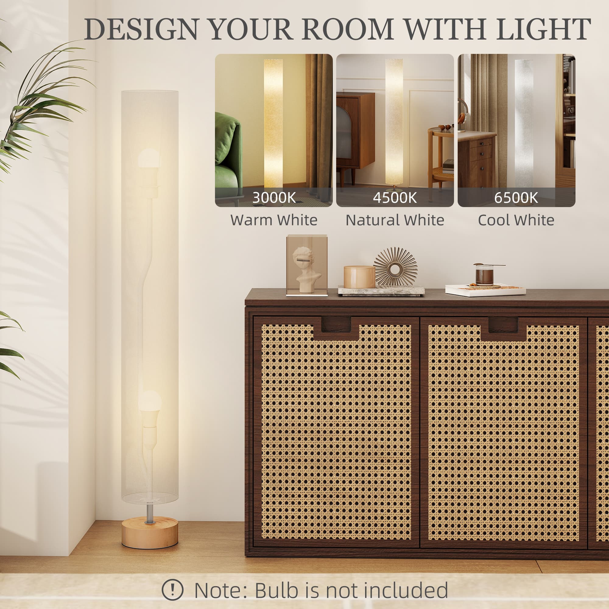 Slim Grey Floor Lamp with Linen Shade and Round Wooden Base - image 7