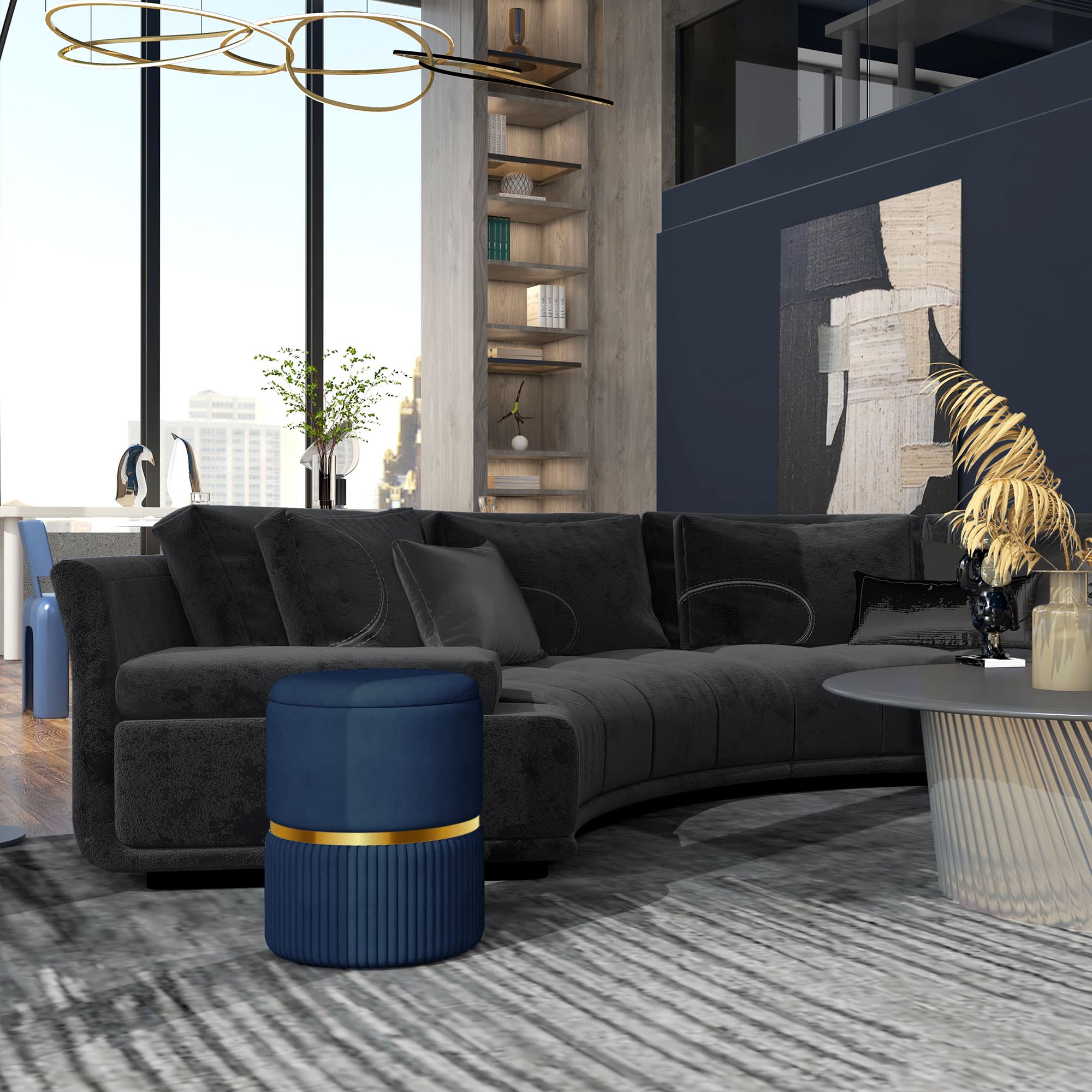 Elegant Dark Blue Velvet-Feel Storage Ottoman - image 1
