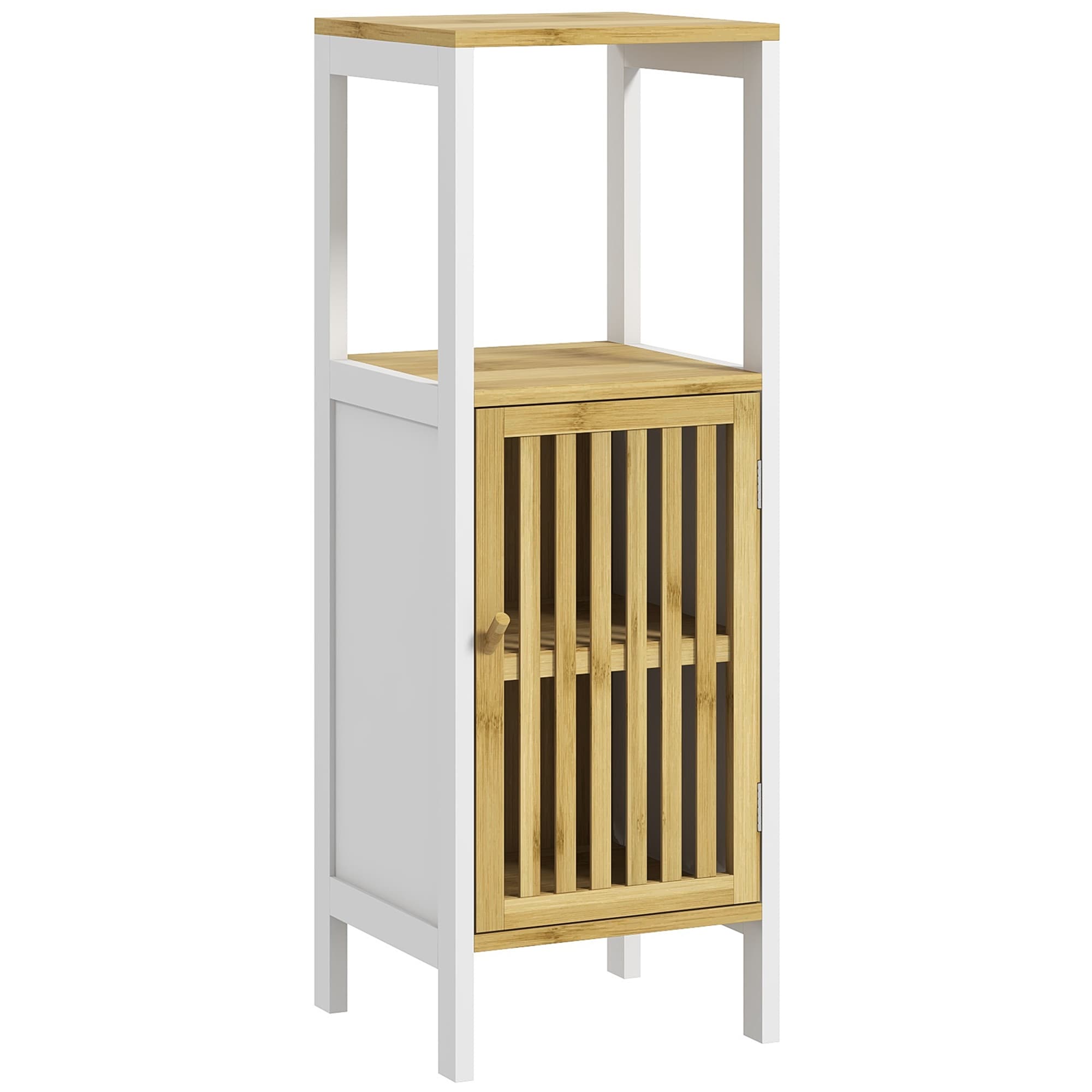 Slim Bamboo Bathroom Cabinet with Open Shelves and Cupboard - image 8