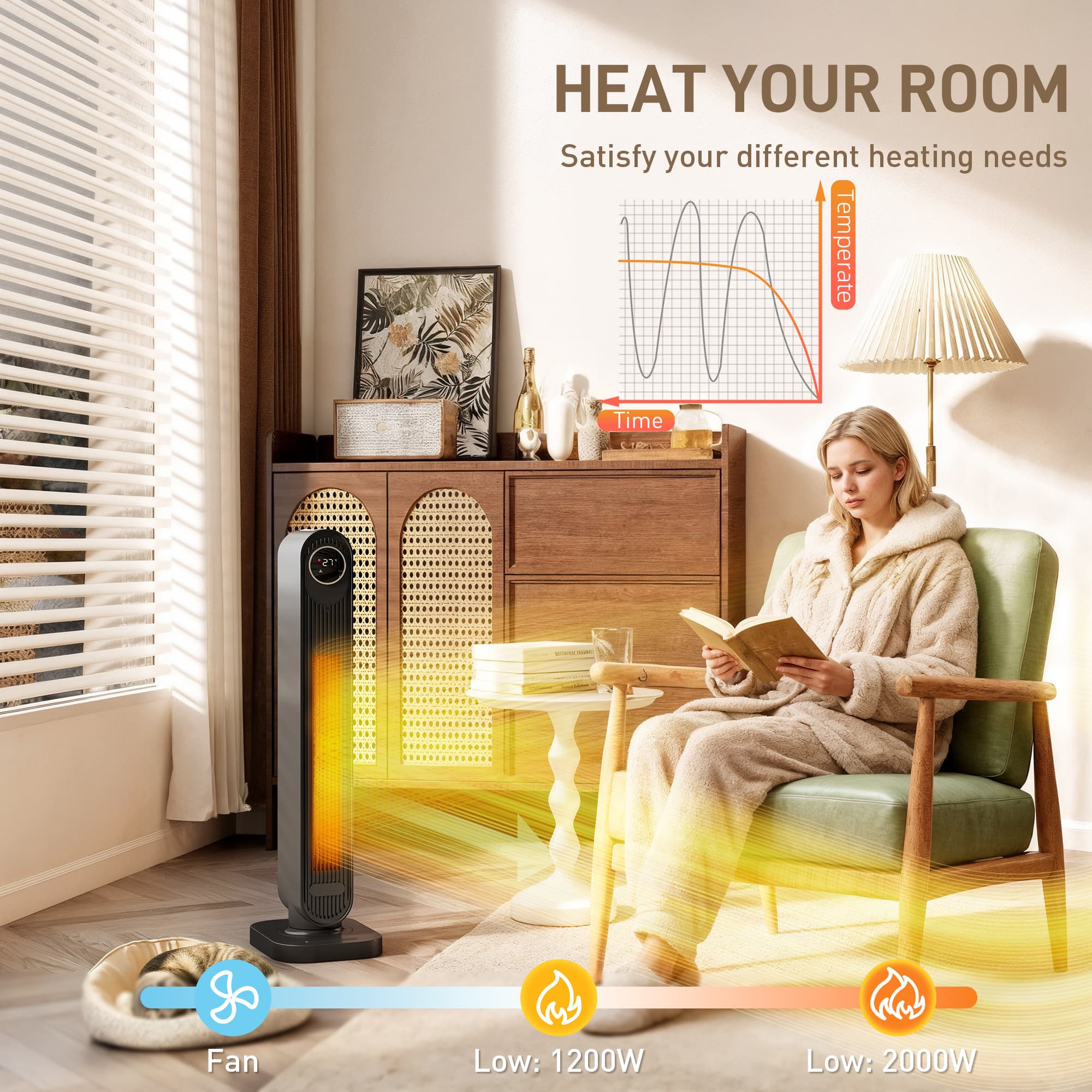 2000W Ceramic Tower Heater with 60 Degree Oscillation and Timer - image 2