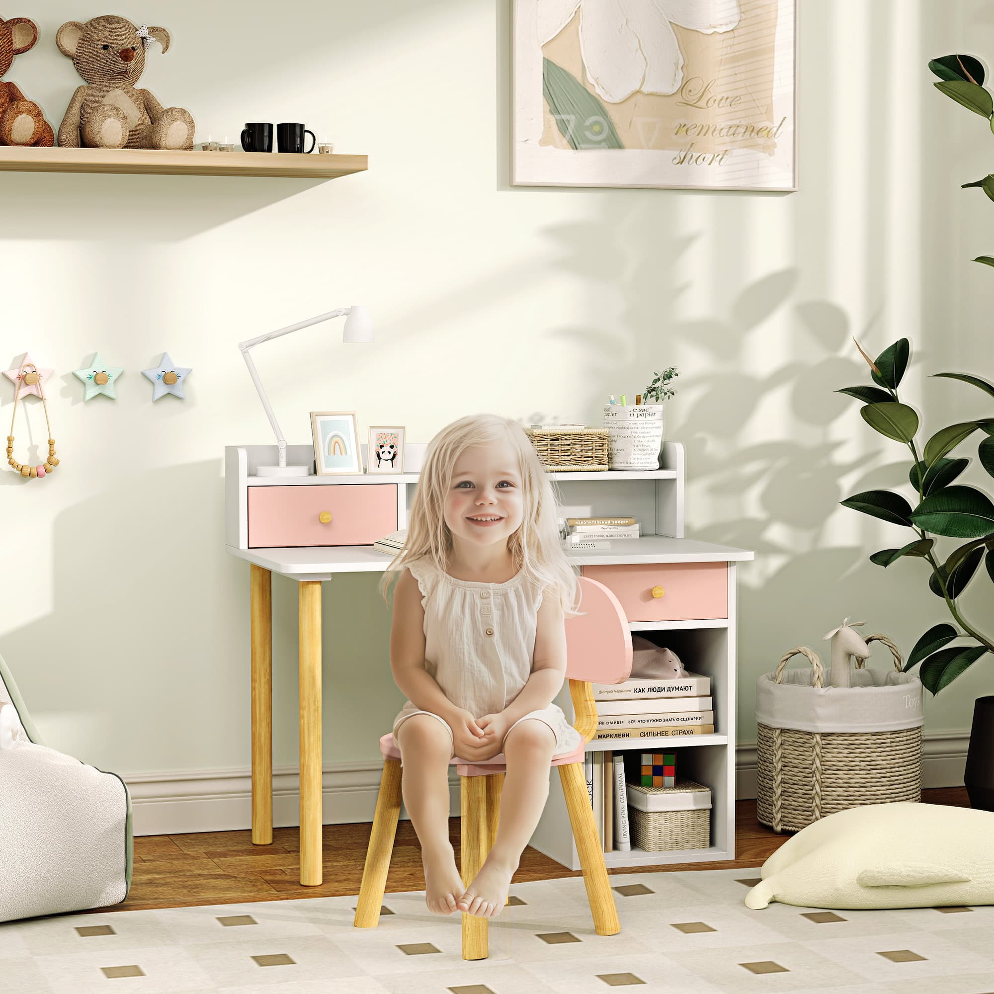Inspiring Pink Kids Desk and Chair Set with Storage Hutch - image 2