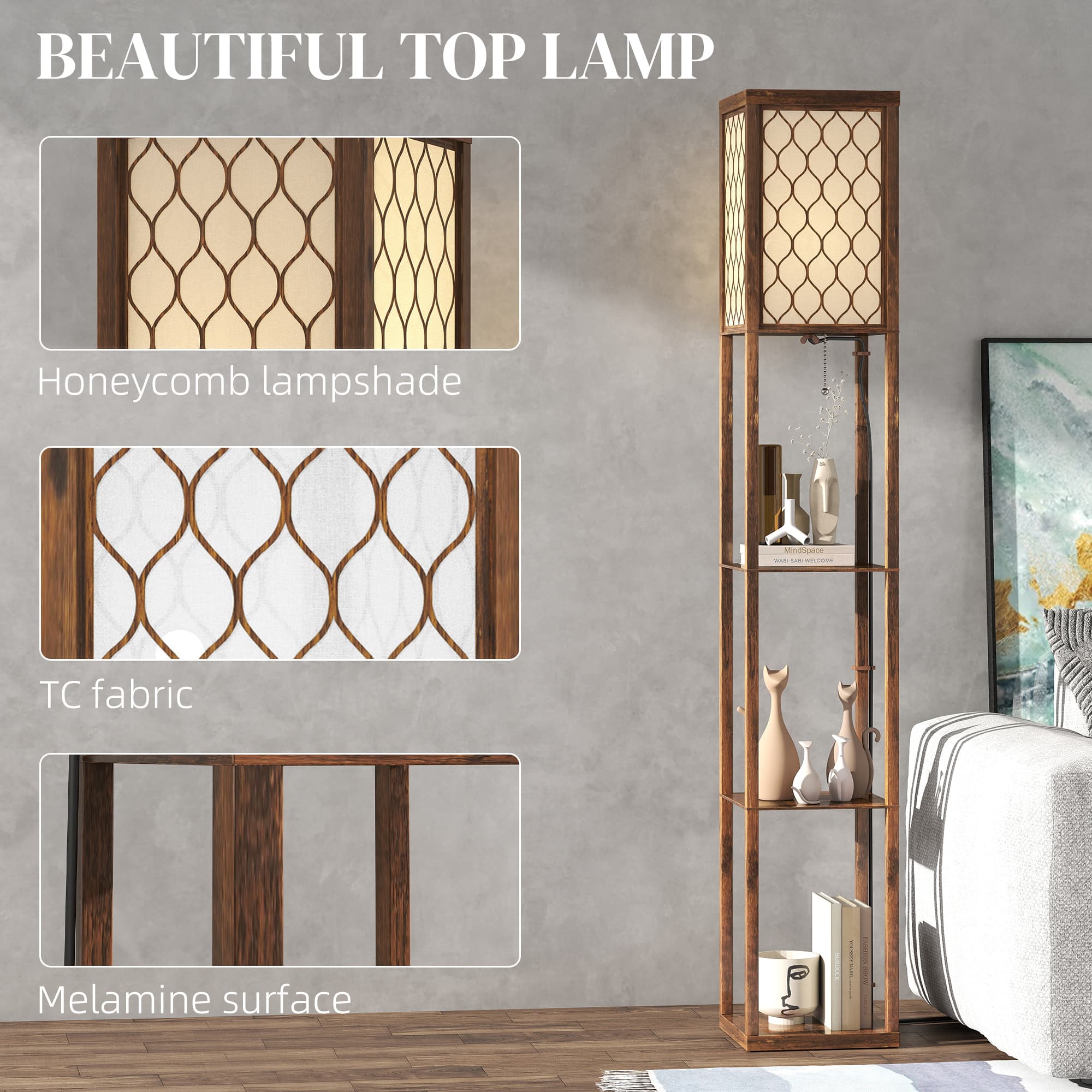 A Floor Lamp with Shelves — Rustic Brown Wood Frame - image 8