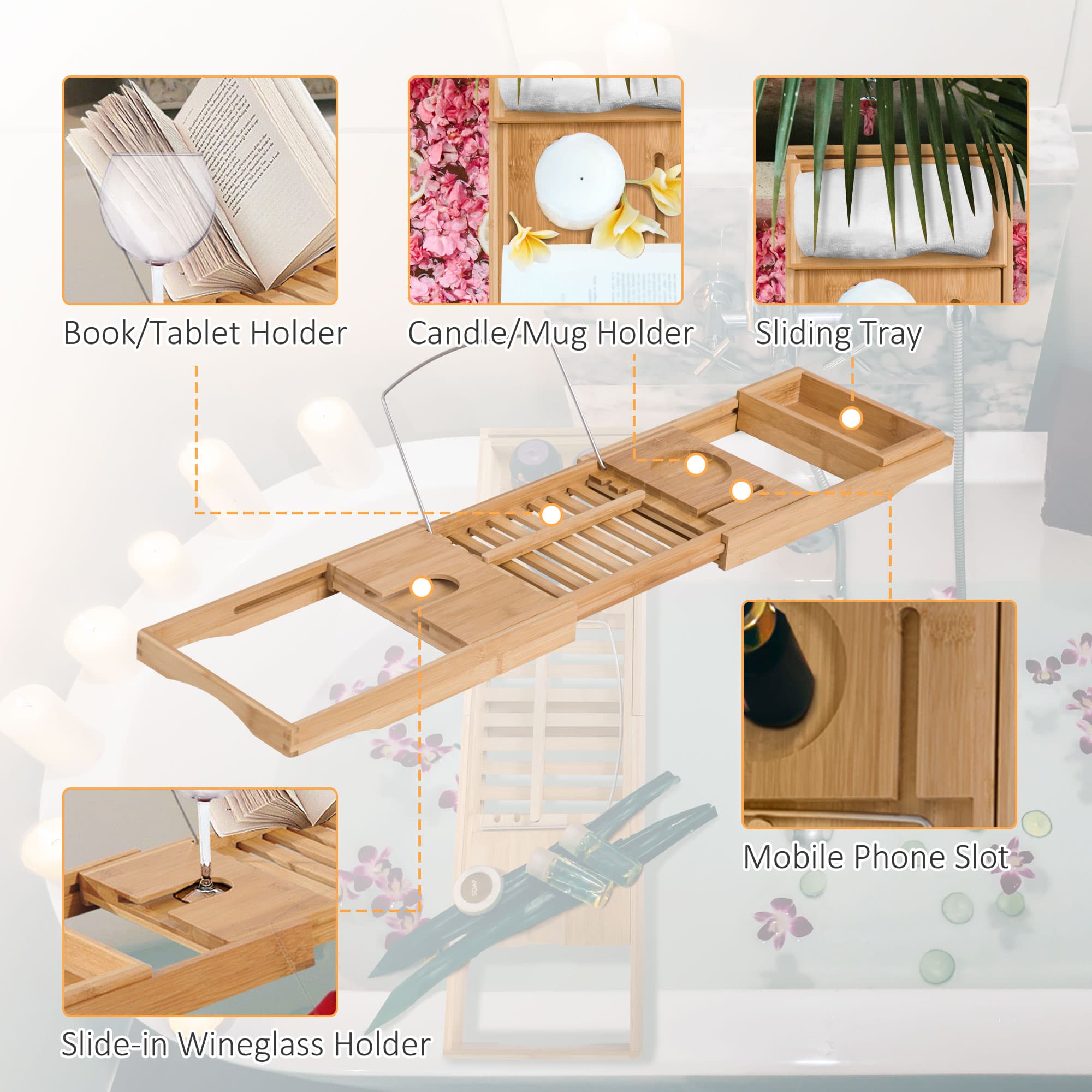 Bamboo Bathtub Caddy with Book Stand, Drink Holder and Storage - image 9