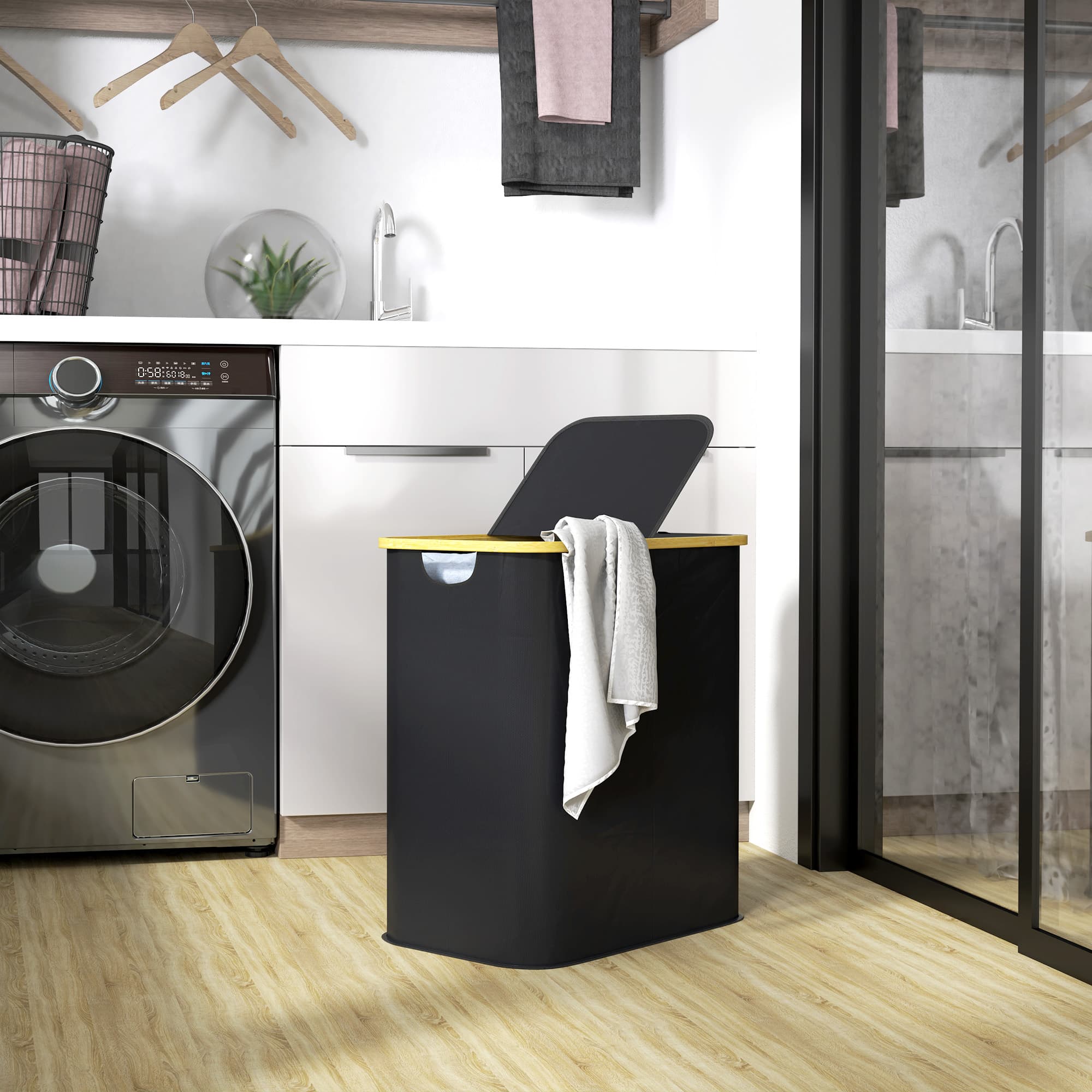 Split-Section Laundry Hamper With Bamboo Rim and Butterfly Lid - image 6