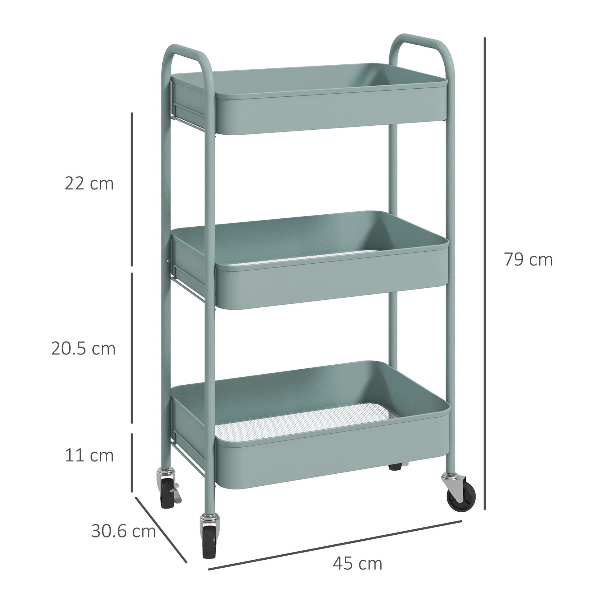 Three-Tier Steel Storage Trolley with Castors in Teal - image 6
