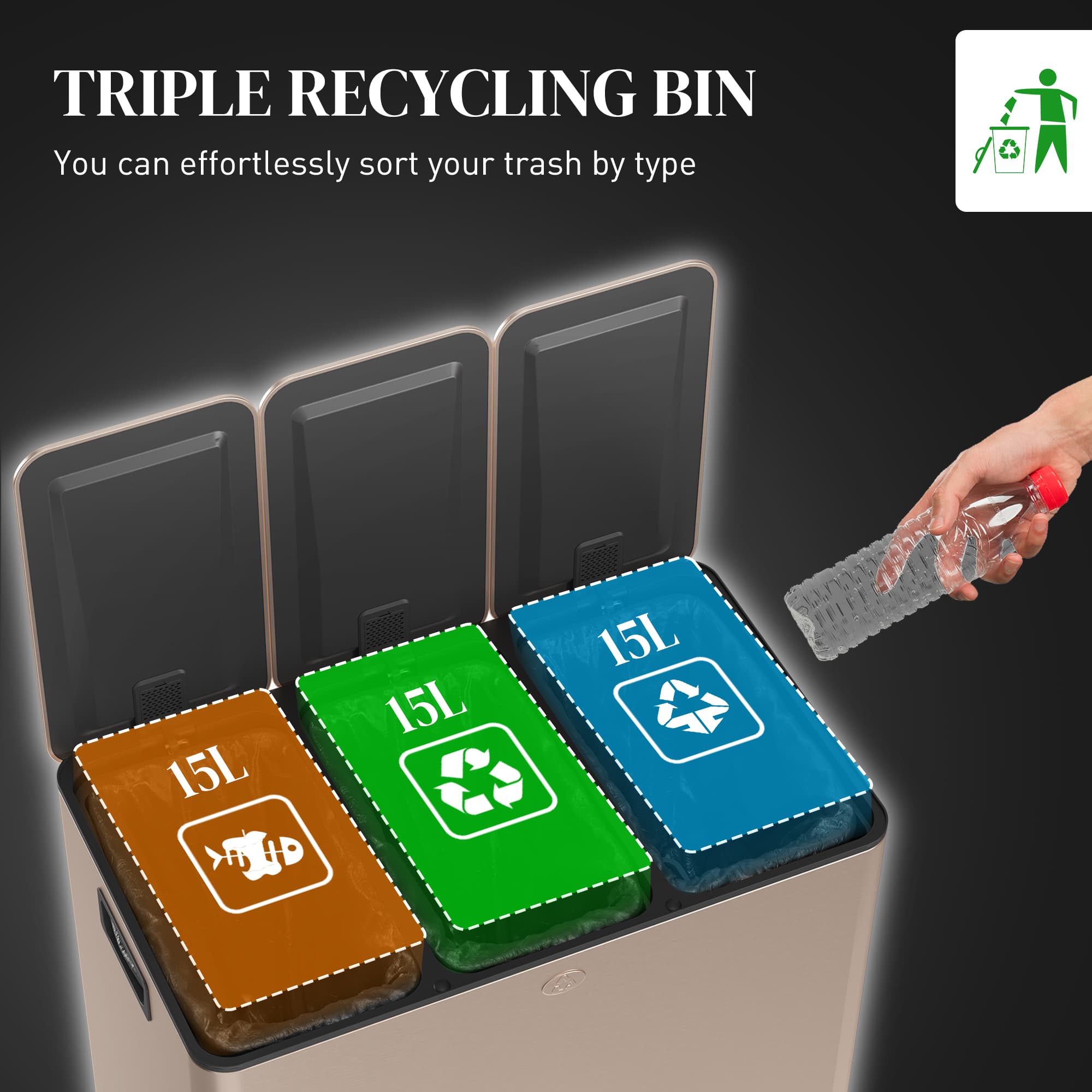 Gold Tone Triple Pedal Bin for Sorted Kitchen Waste - image 6