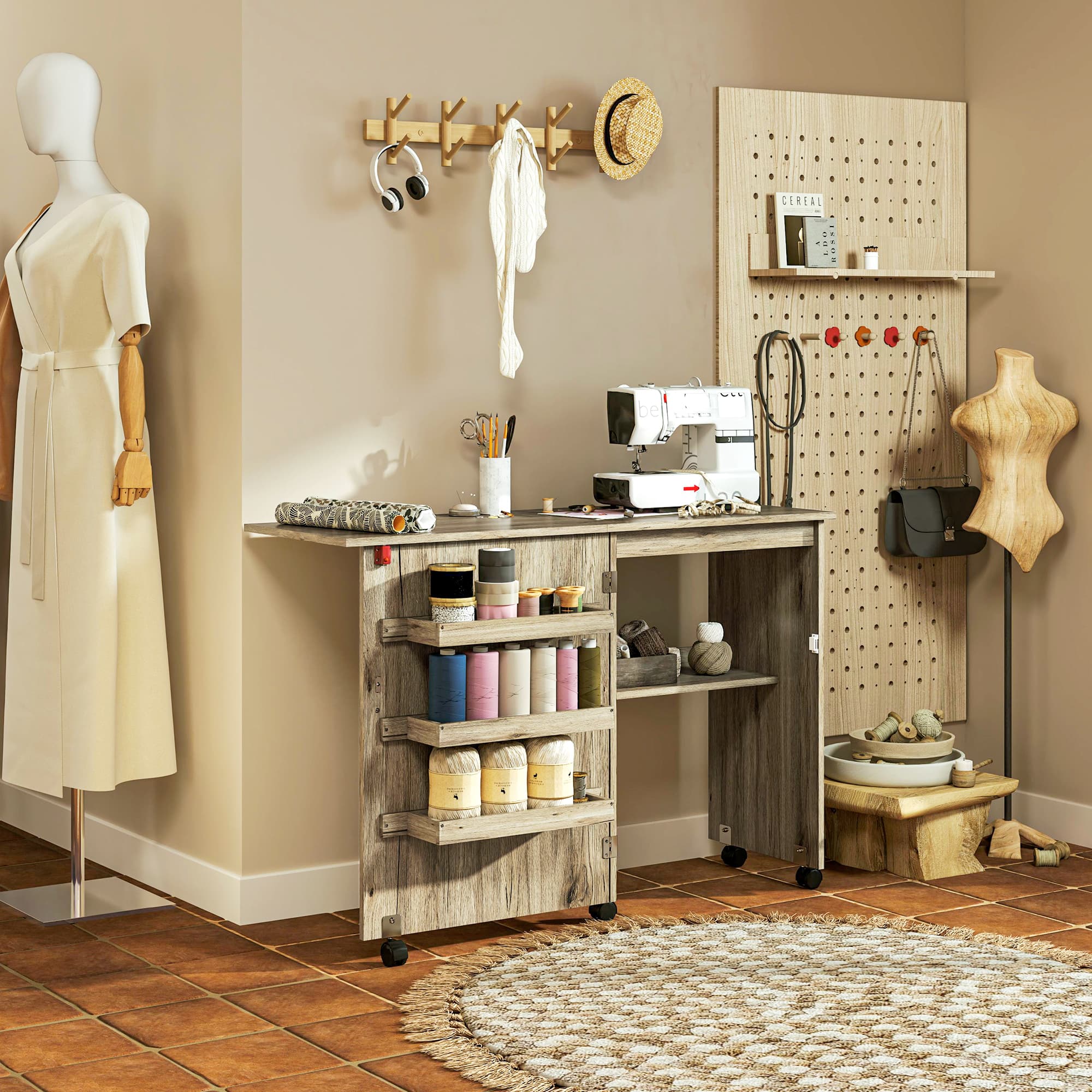 Folding Sewing Table with Storage Trays and Castors — Grey - image 9