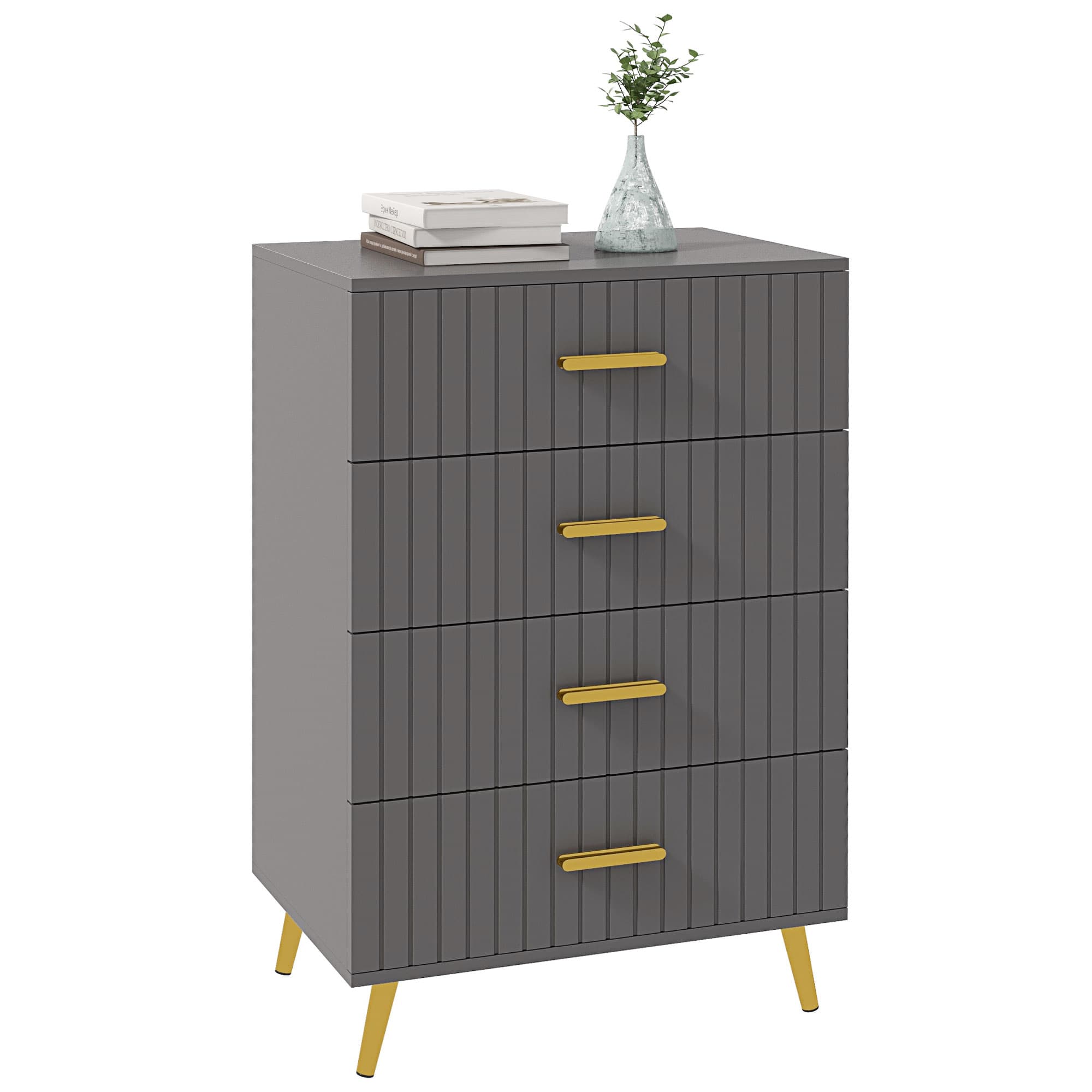 Grey Chest of Drawers with Ribbed Fronts and Gold Handles - Dark Grey