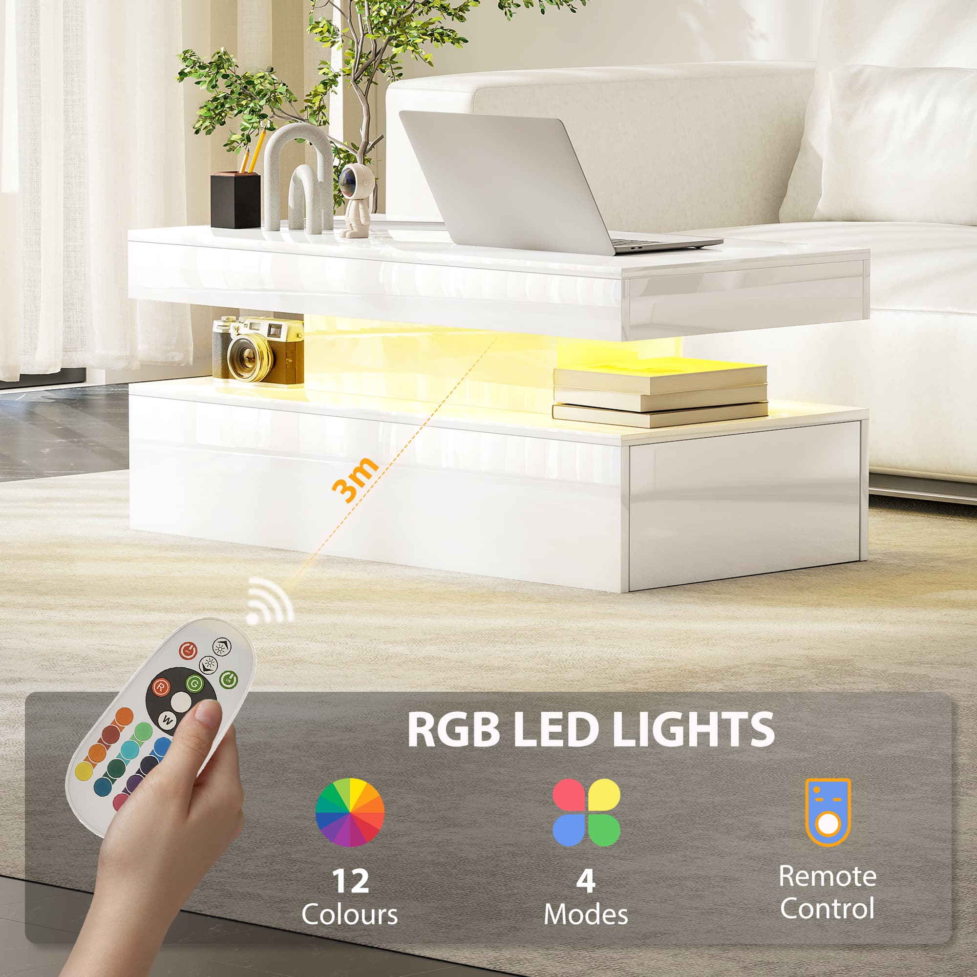 High Gloss White Coffee Table with LED Lighting and Storage - image 7
