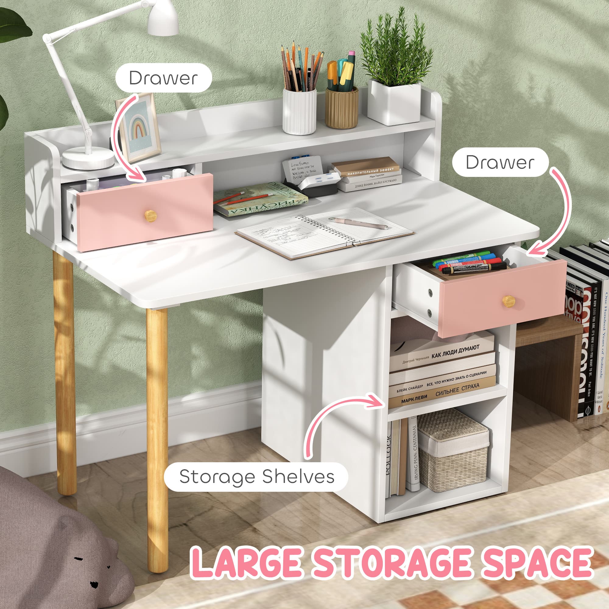 Inspiring Pink Kids Desk and Chair Set with Storage Hutch - image 3