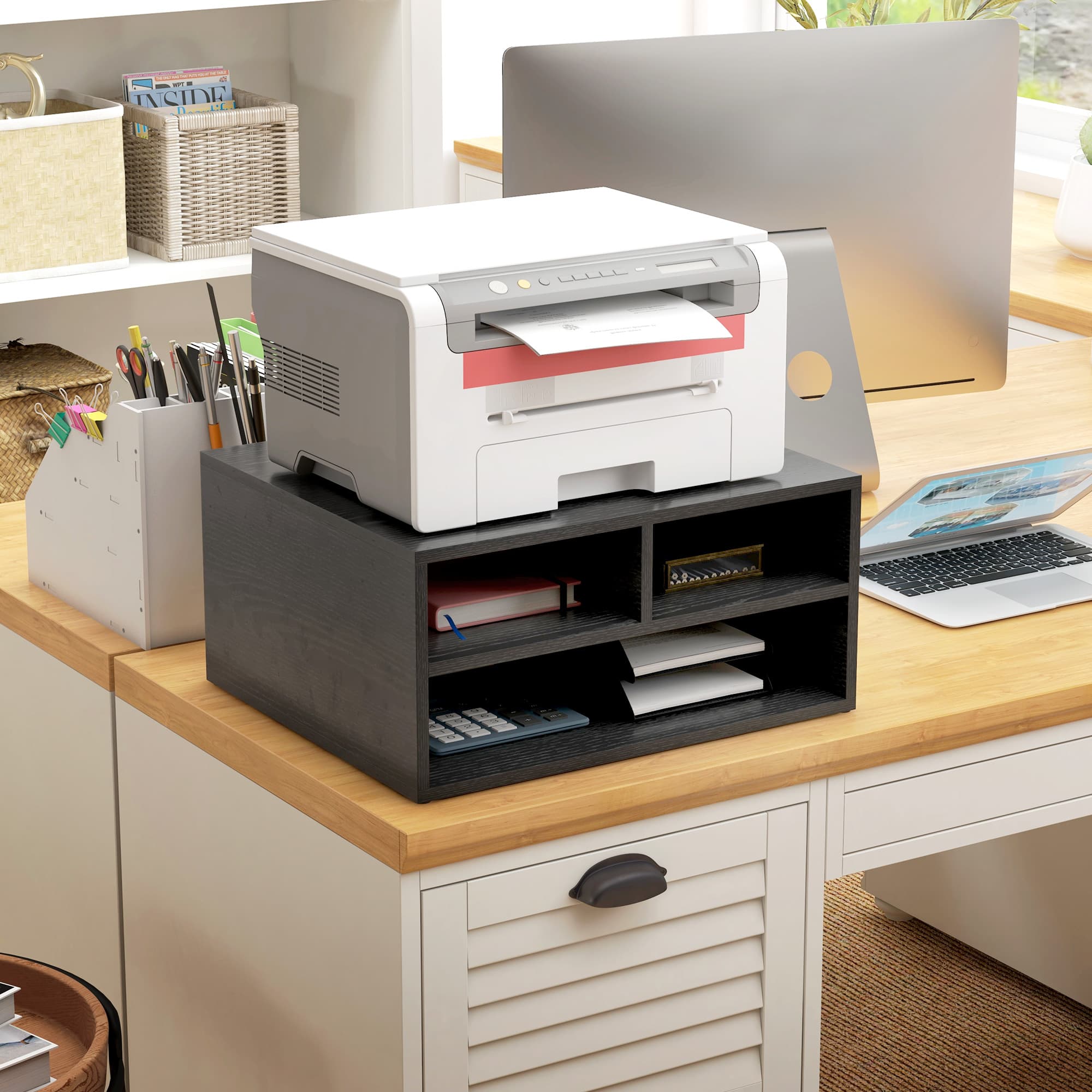 Black Three-Compartment Printer Stand for Desk Use - image 7