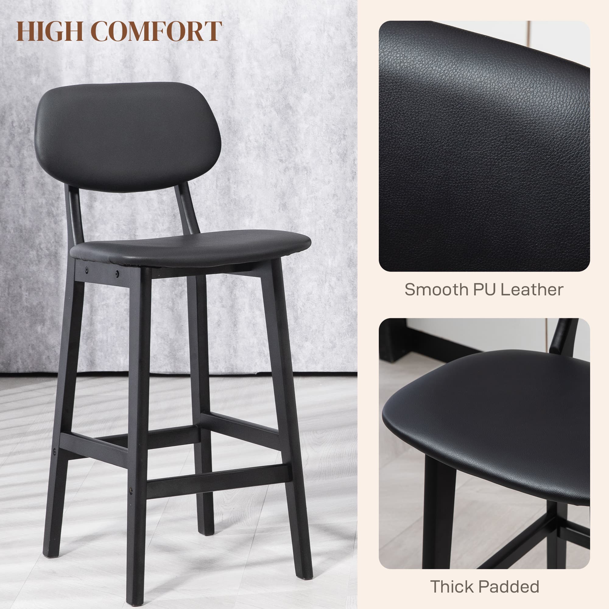 Effortless Style: Black Faux Leather & Wooden Bar Stools - image 2