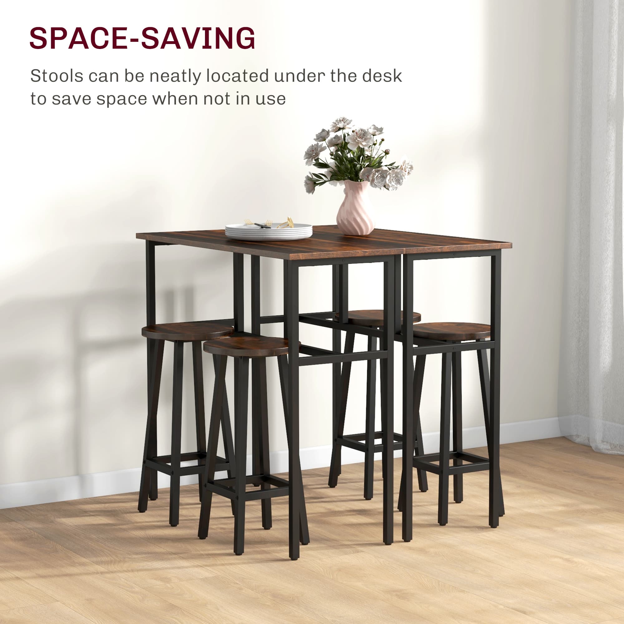 Bar Table and Stool Set for Small Kitchens, Rustic Brown - image 3