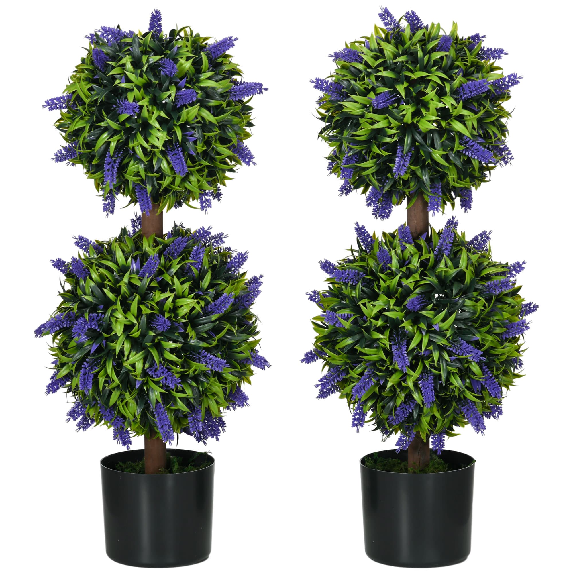 Two Artificial Lavender Topiary Ball Trees with Cement Pots - Green