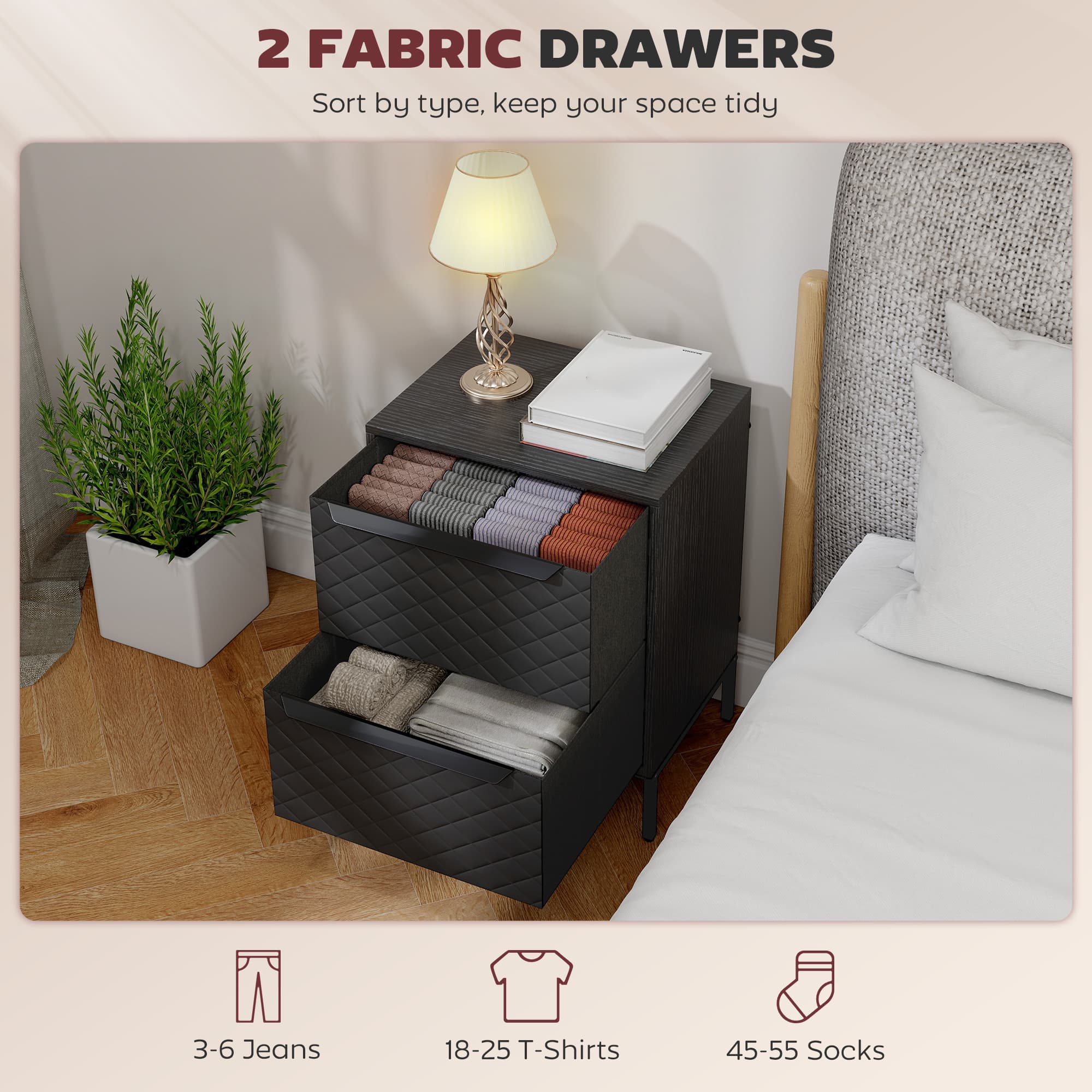 Compact 2-Drawer Chest in Black with Diamond-Pattern Fronts - image 5